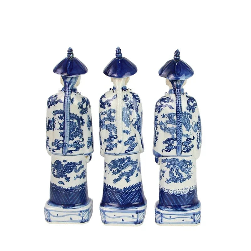 Mid Size Trio of Standing Emperors in Blue and White - The Mayfair Hall