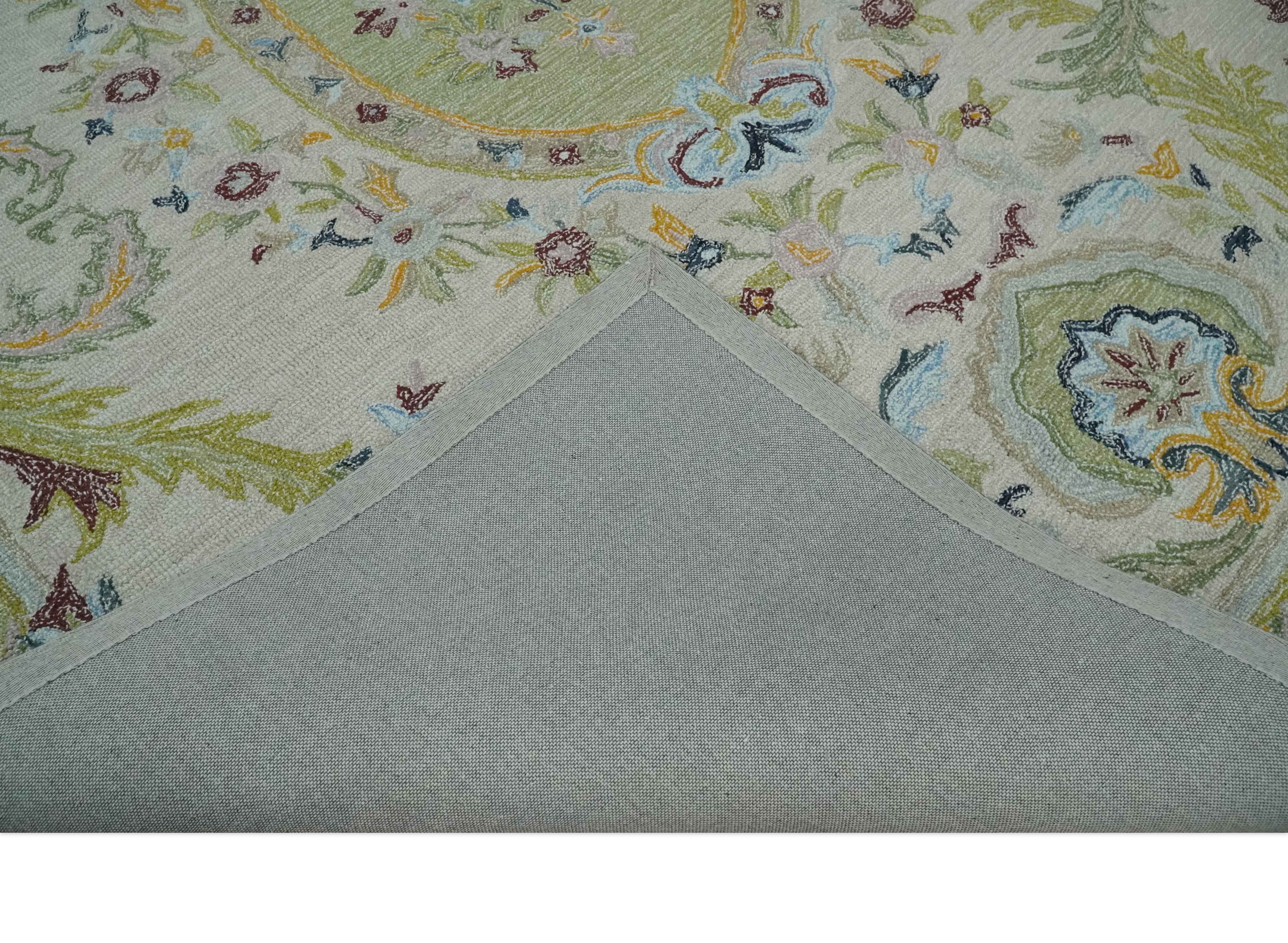 Ivory and Green Custom Made French Design Aubusson Hand Tufted Wool Area Rug