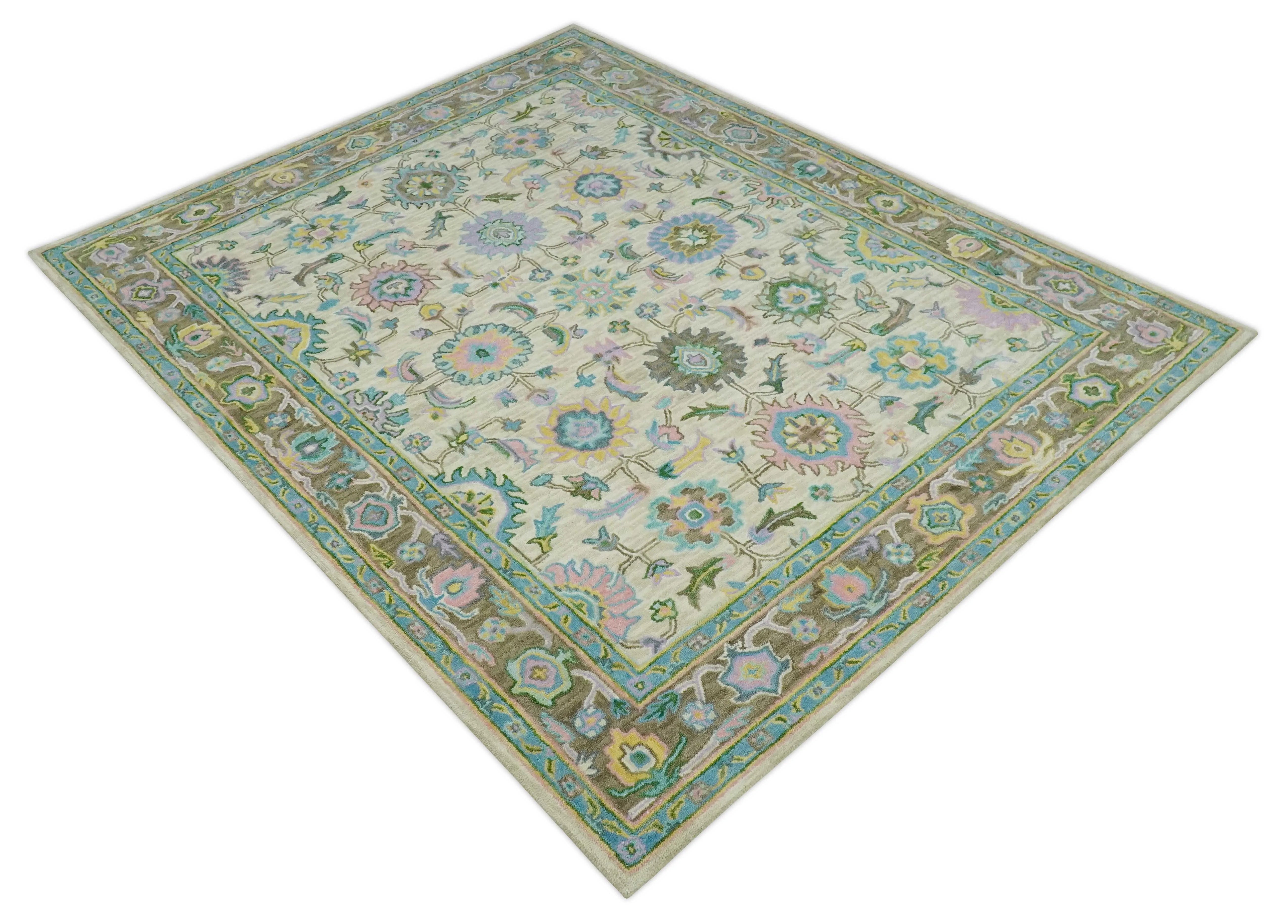 Floral Beige, Blue, and Purple Traditional Hand Tufted Custom Made Wool Rug