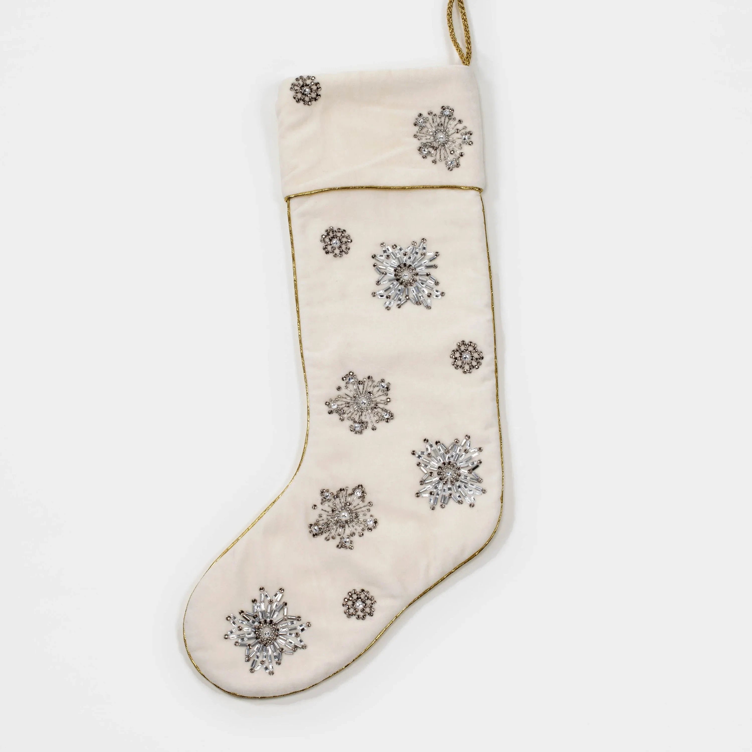 Snowflake Embroidered Off White Velvet Stocking