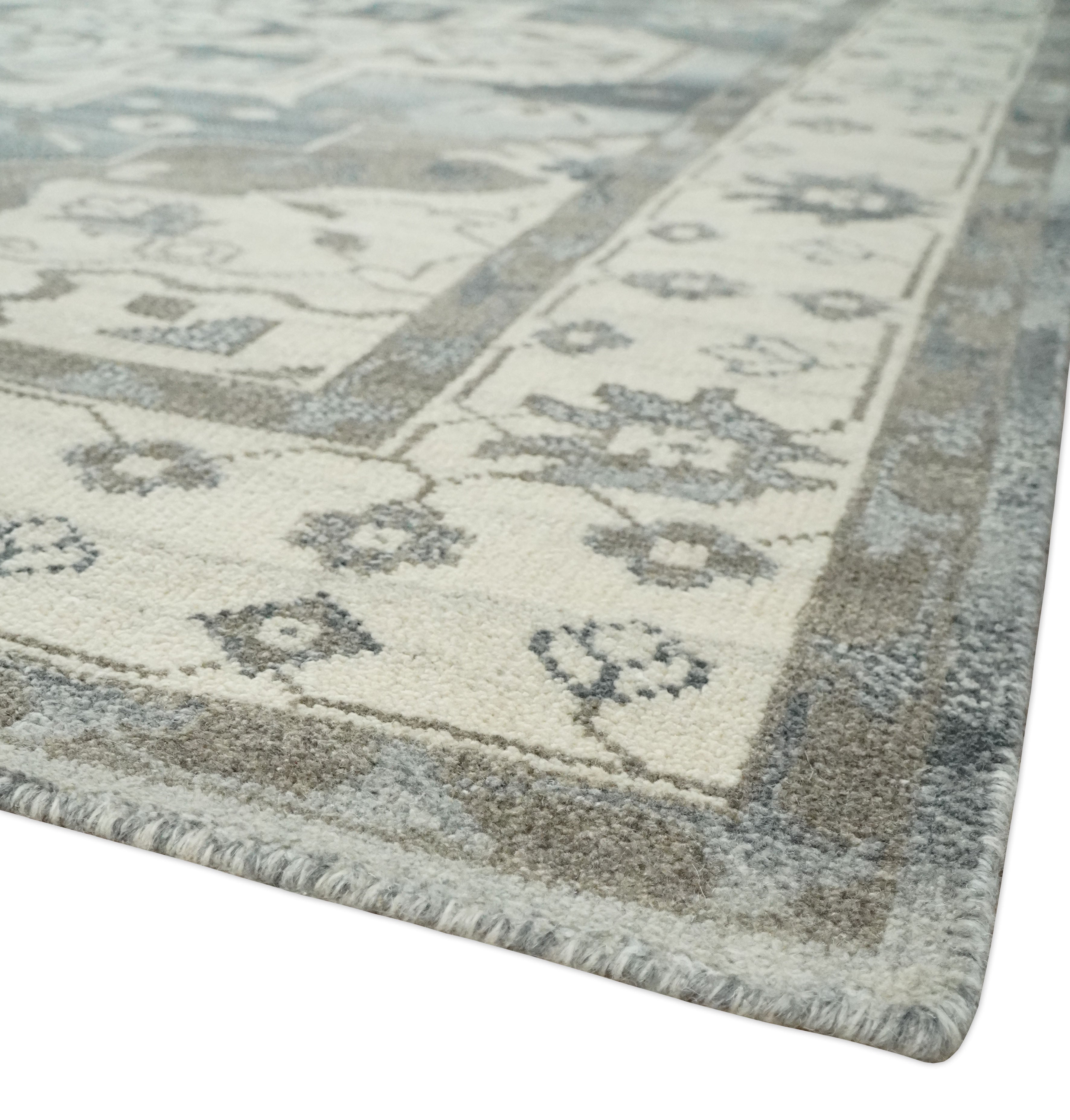 Custom Made Hand Knotted Ivory, Charcoal and Gray Traditional Medallion Natural Wool Area Rug, Kids, Living Room and Bedroom Rug