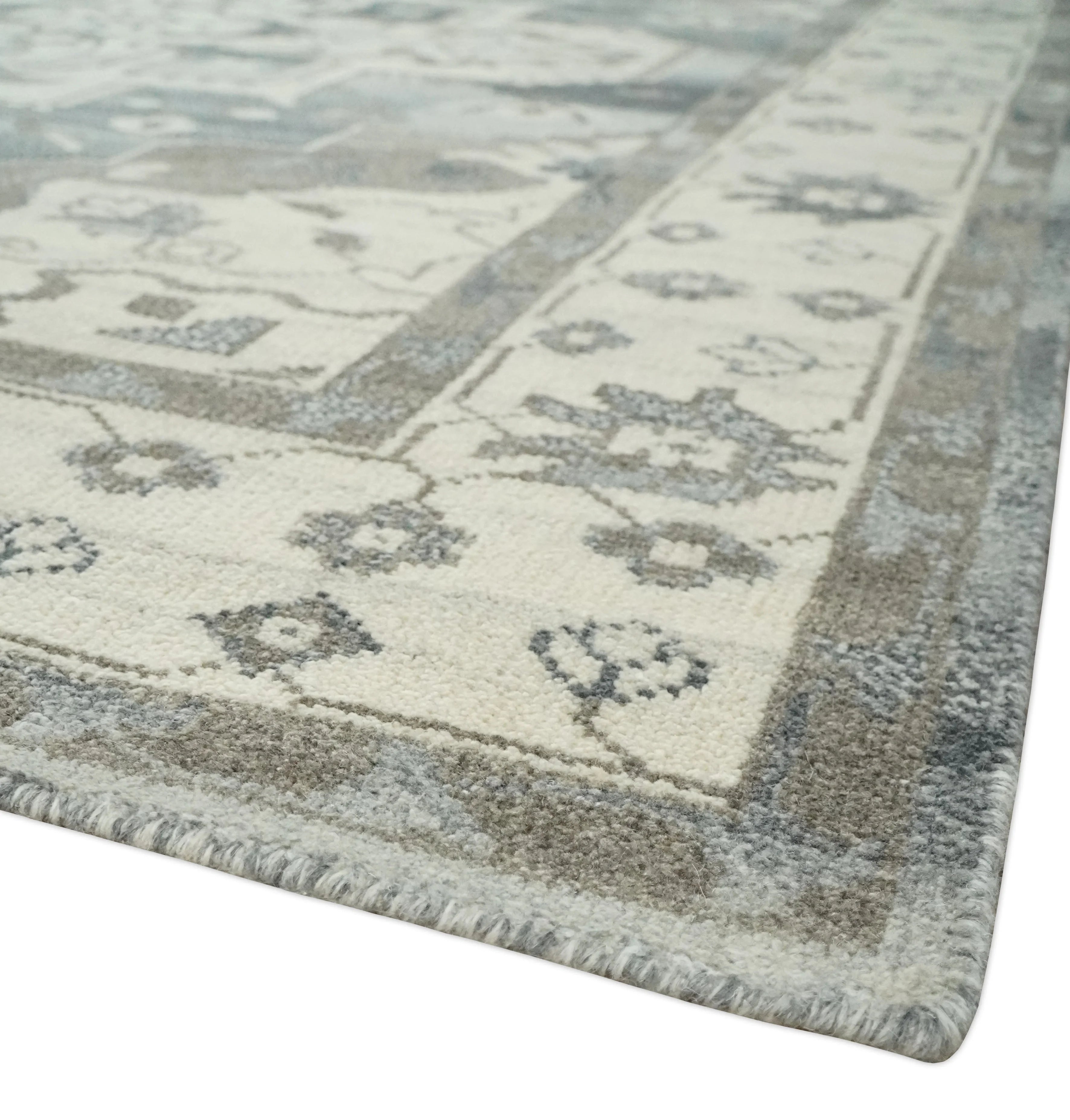 Custom Made Hand Knotted Ivory, Charcoal and Gray Traditional Medallion Natural Wool Area Rug, Kids, Living Room and Bedroom Rug