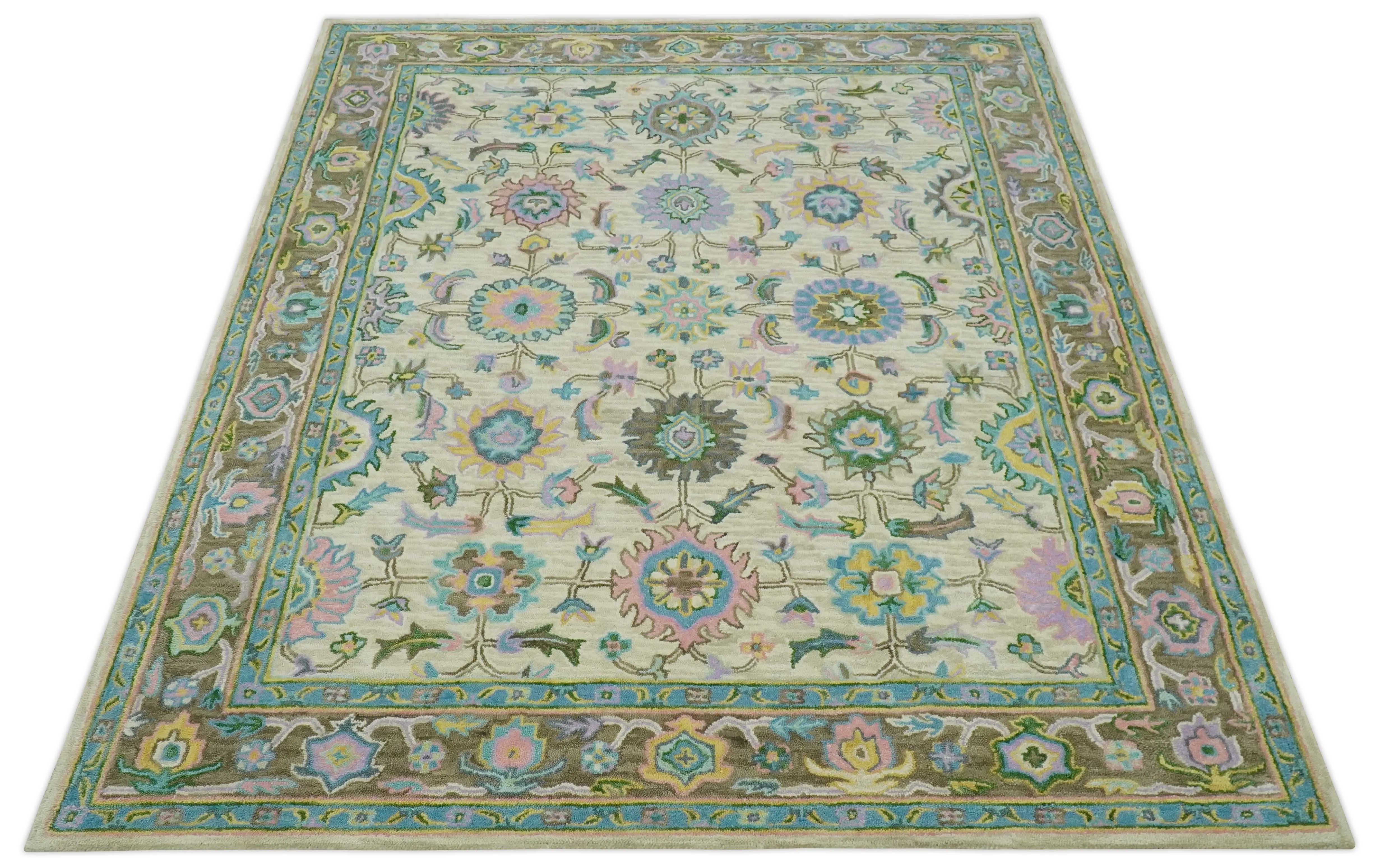 Floral Beige, Blue, and Purple Traditional Hand Tufted Custom Made Wool Rug