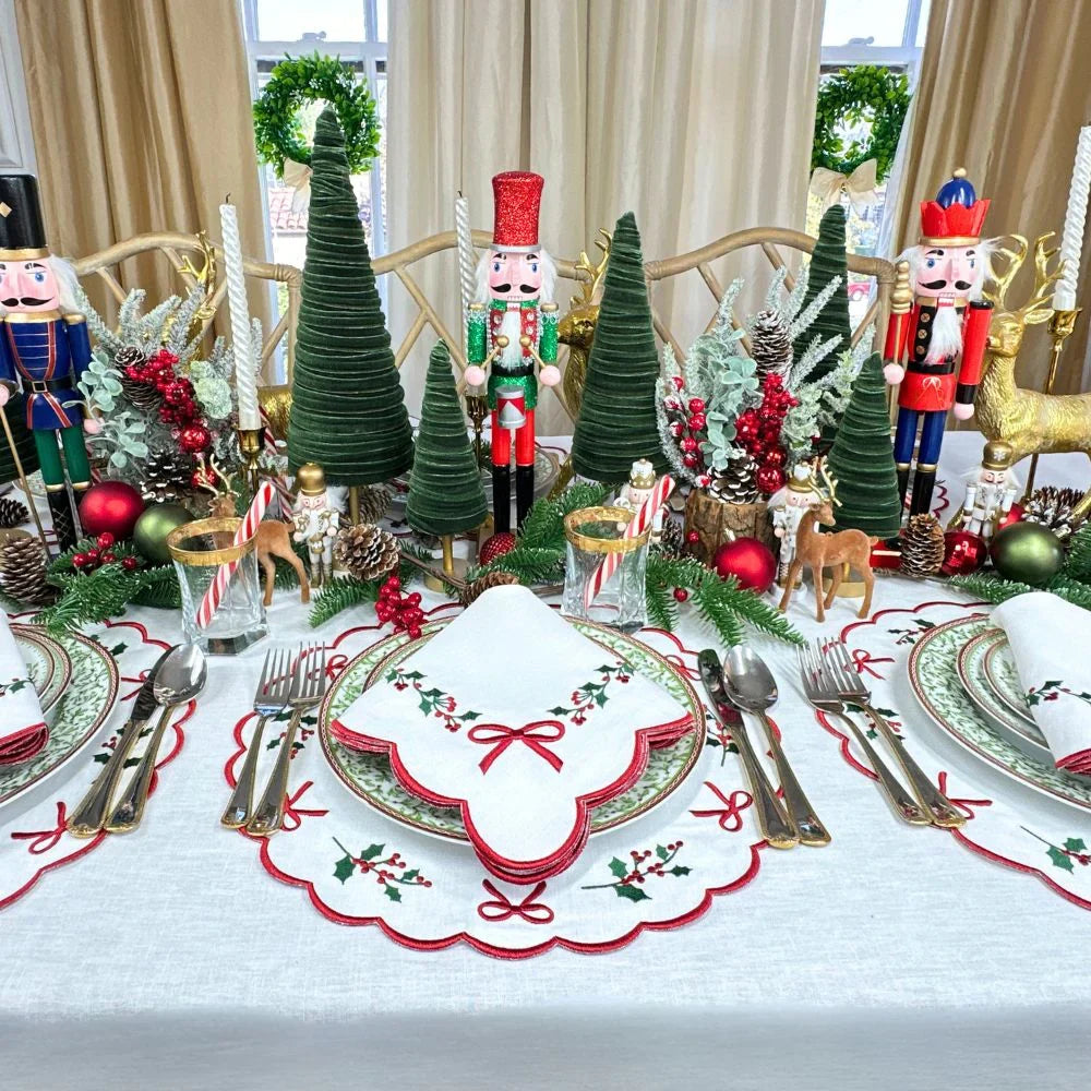 Holly & Bows Green and Red Embroidered Linen Placemat (Set of 4)