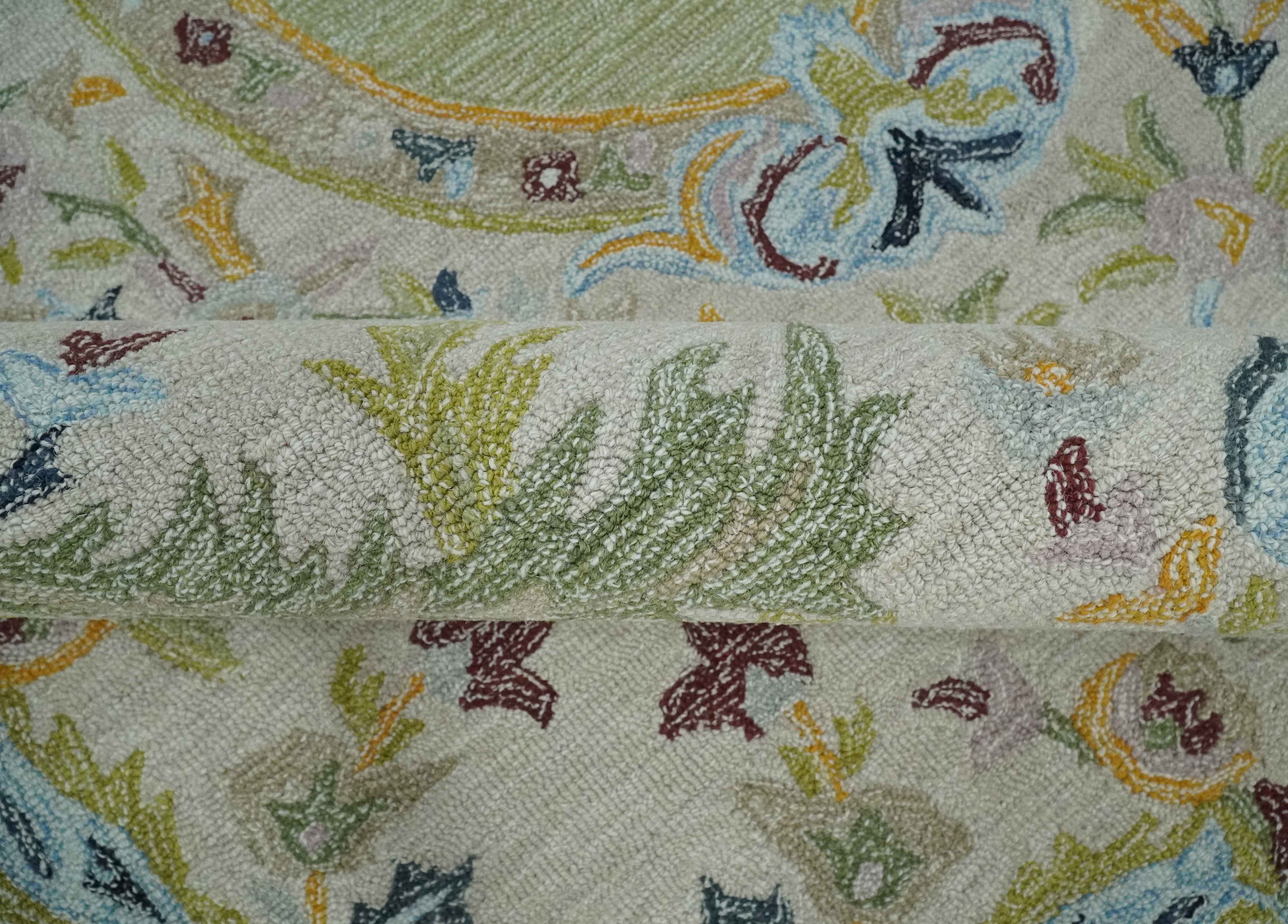 Ivory and Green Custom Made French Design Aubusson Hand Tufted Wool Area Rug