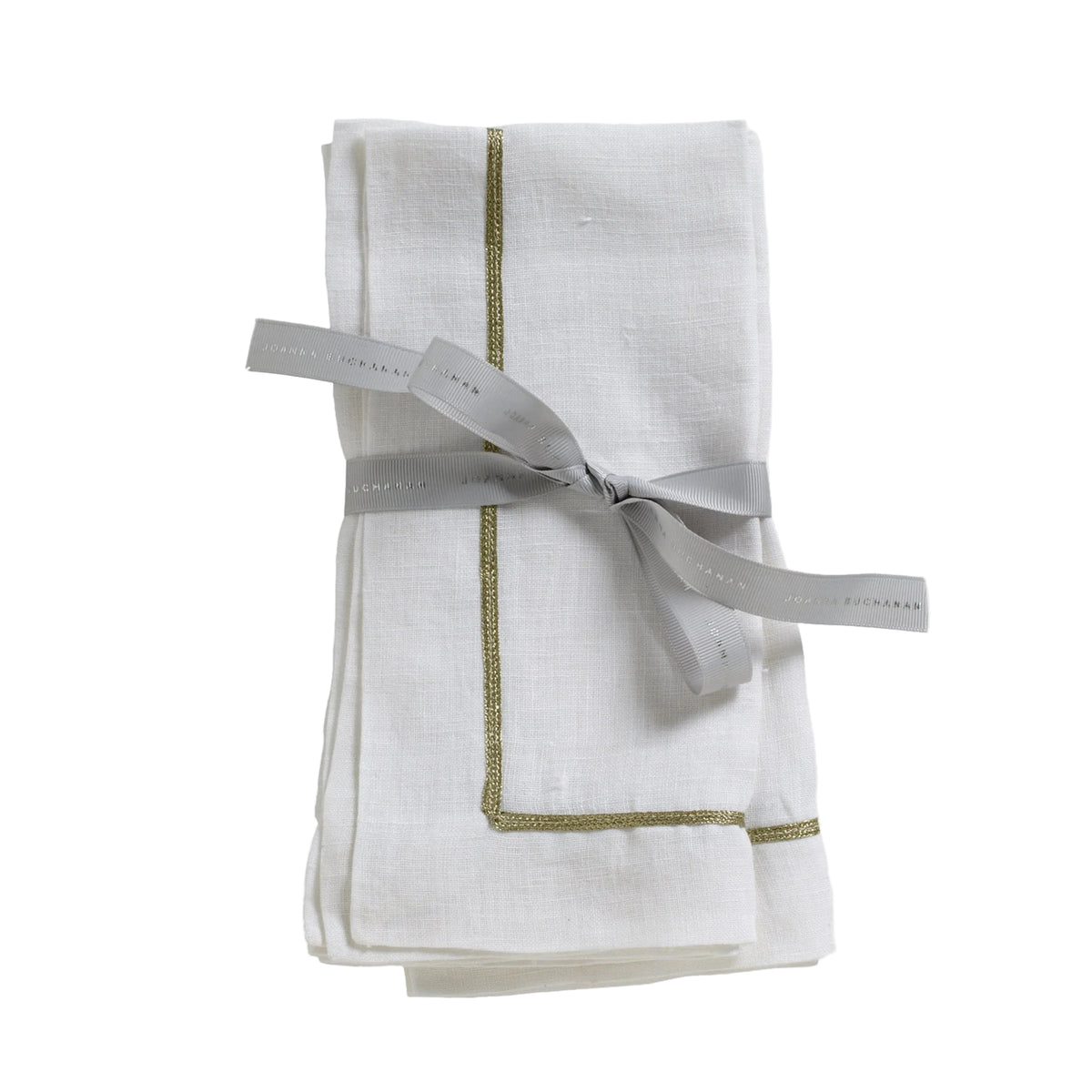 Gold-Trim Linen Dinner Napkins in White by Joanna Buchanan — Set of 2