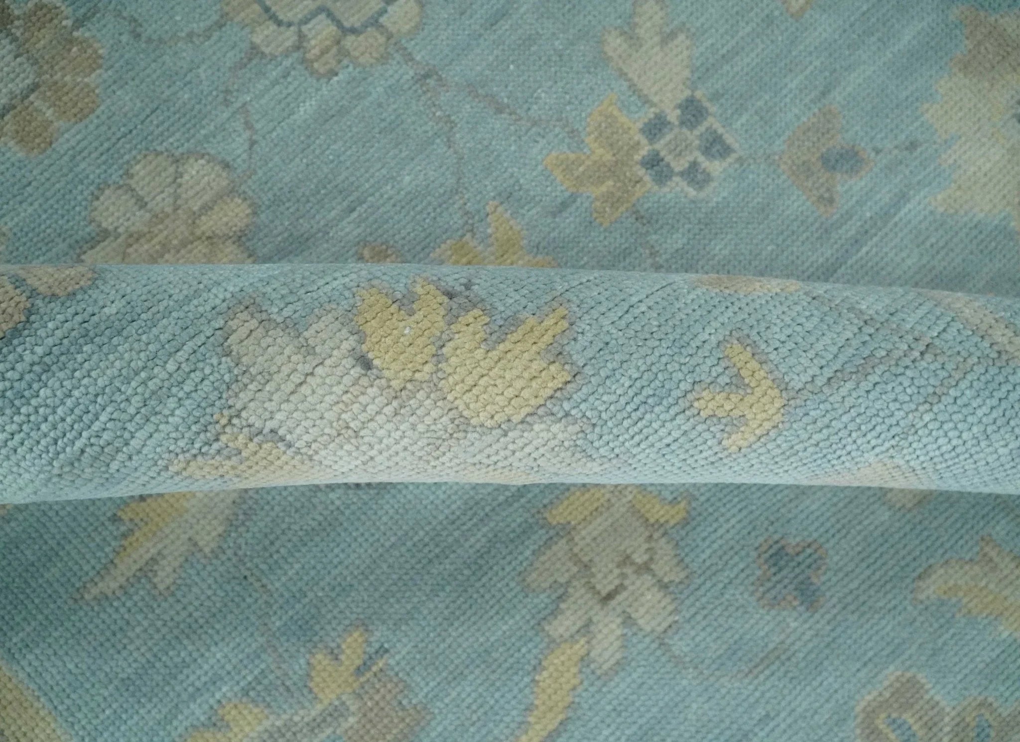 Made to Order Aqua, Beige and Ivory Hand Knotted Floral Oushak Wool Rug - The Mayfair Hall