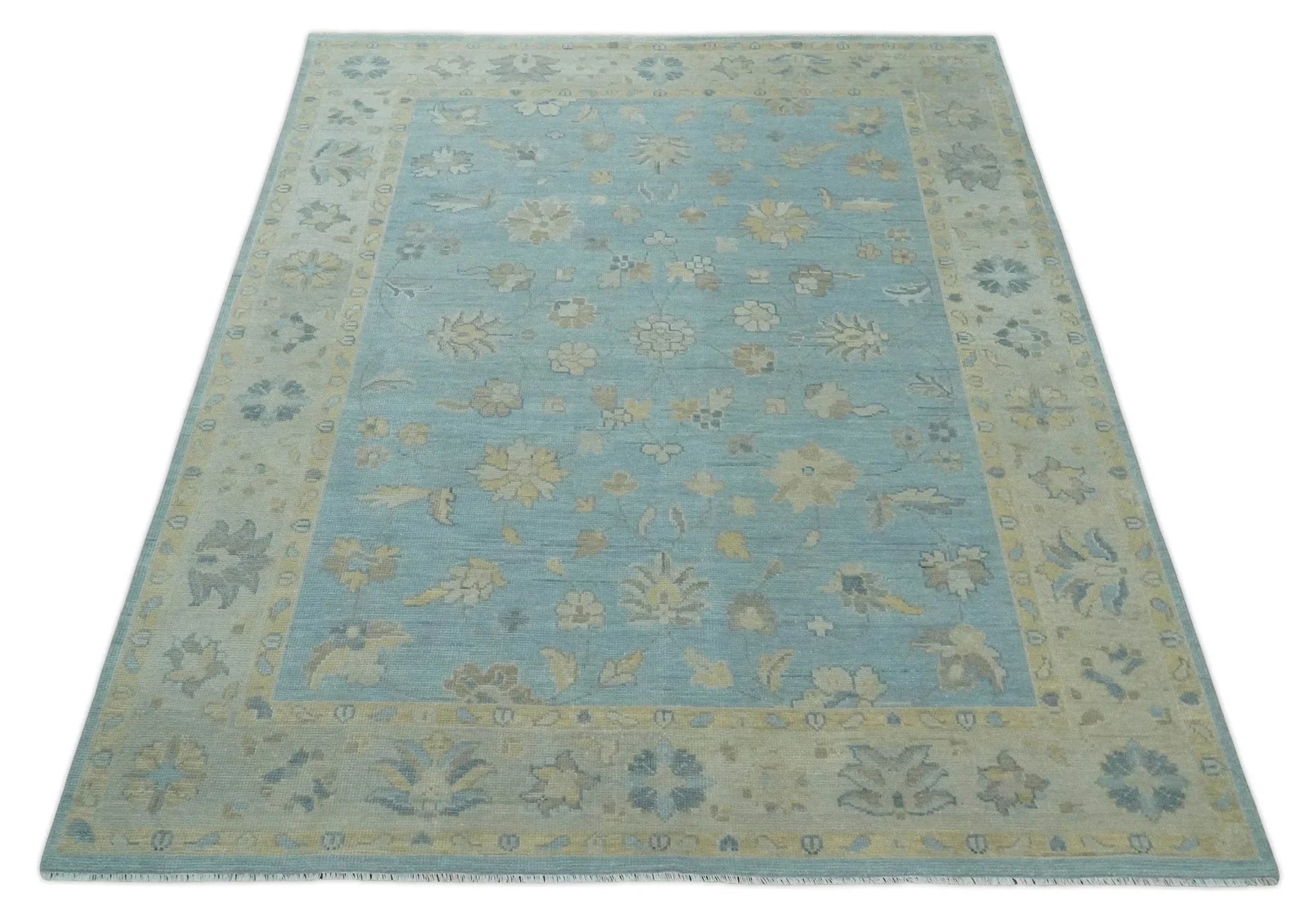 8x10, 9x12, 10x14 and 12x15 Aqua, Beige and Ivory Hand Knotted Floral Oushak Wool Rug | NT19 - The Rug Decor