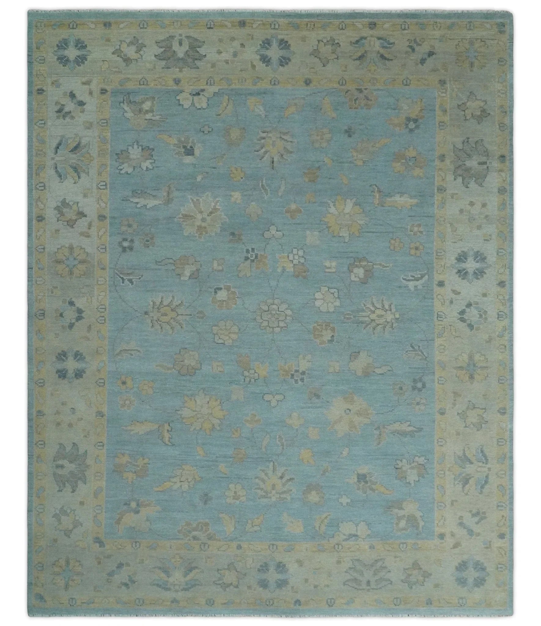 Made to Order Aqua, Beige and Ivory Hand Knotted Floral Oushak Wool Rug - The Mayfair Hall