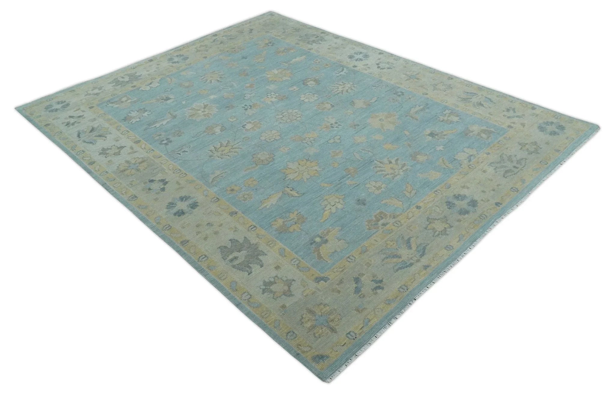 Made to Order Aqua, Beige and Ivory Hand Knotted Floral Oushak Wool Rug - The Mayfair Hall