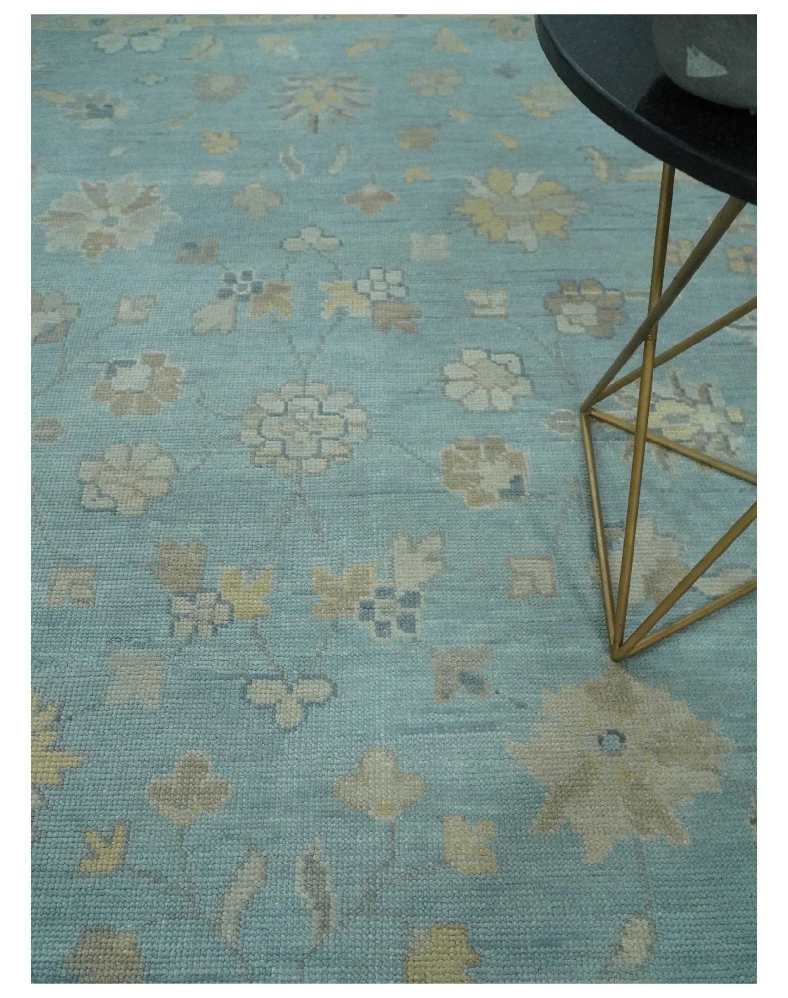 Made to Order Aqua, Beige and Ivory Hand Knotted Floral Oushak Wool Rug - The Mayfair Hall