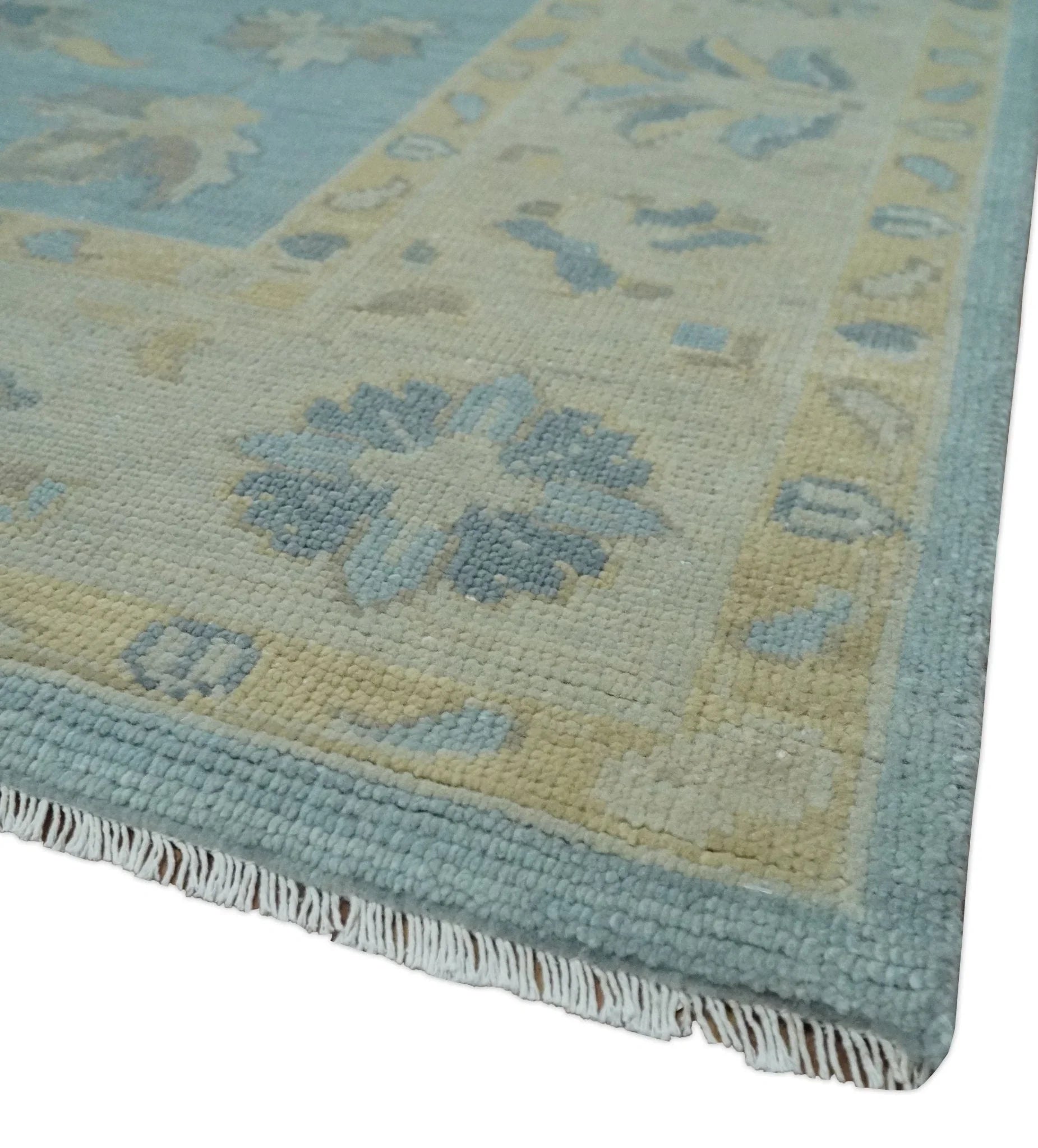 Made to Order Aqua, Beige and Ivory Hand Knotted Floral Oushak Wool Rug - The Mayfair Hall