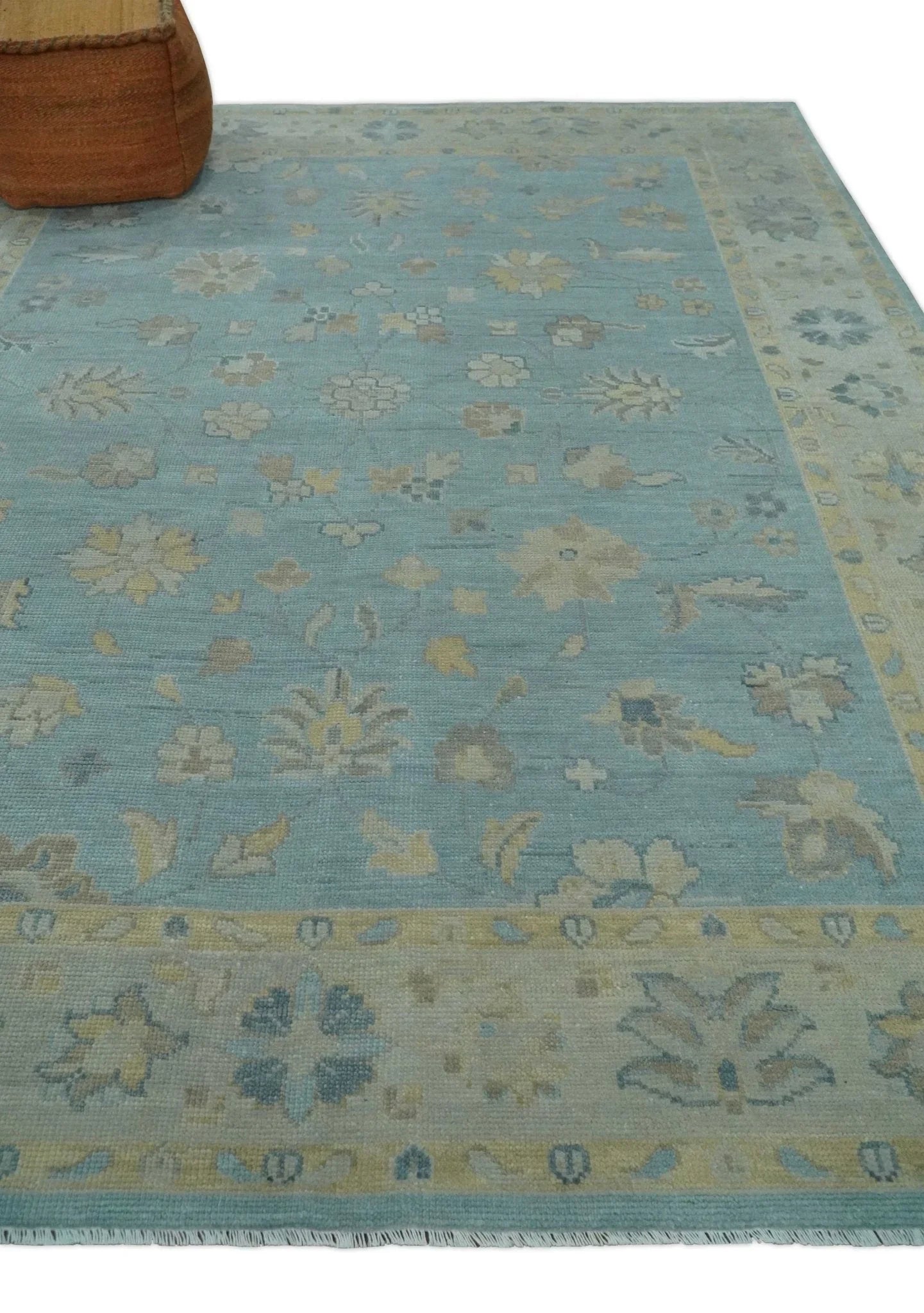 Made to Order Aqua, Beige and Ivory Hand Knotted Floral Oushak Wool Rug - The Mayfair Hall