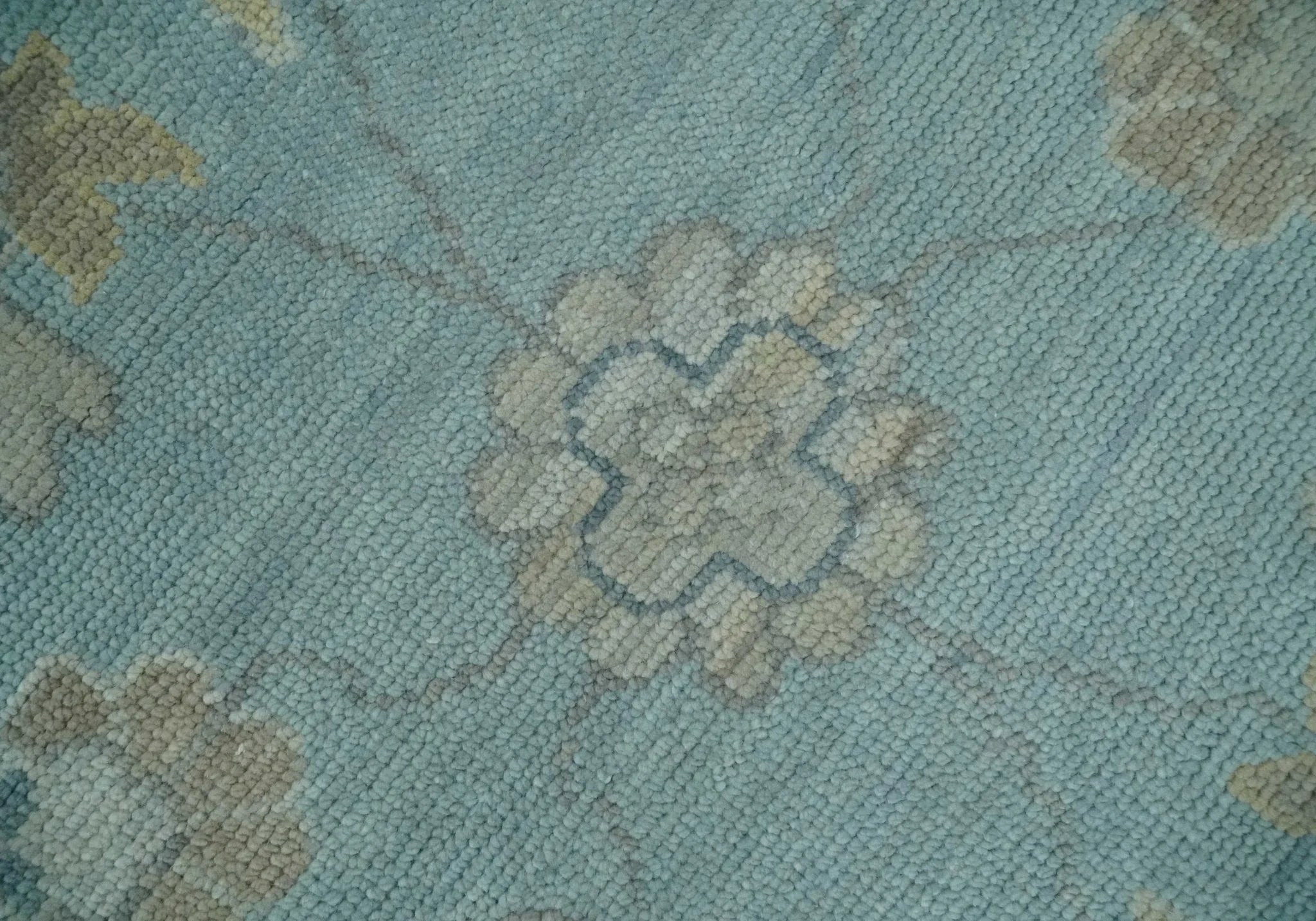 Made to Order Aqua, Beige and Ivory Hand Knotted Floral Oushak Wool Rug - The Mayfair Hall