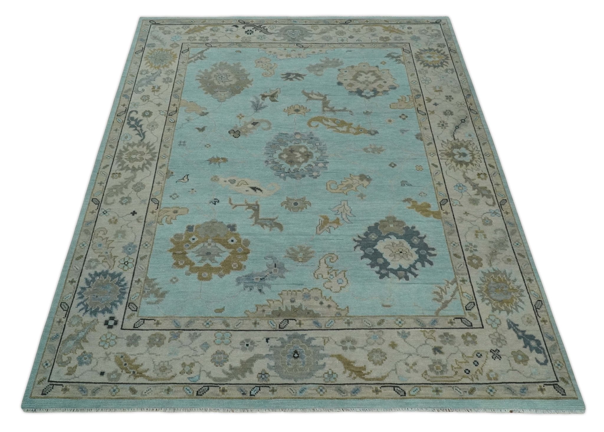 Hand Knotted Beige and Blue Traditional Oushak Design Wool Rug