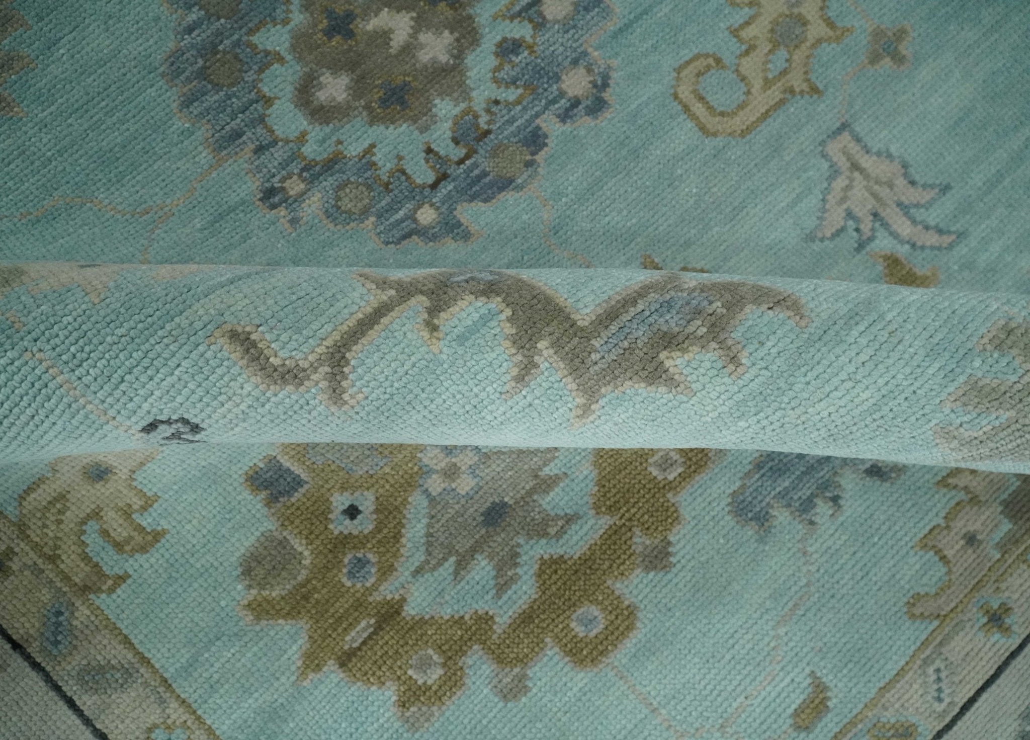 Hand Knotted Beige and Blue Traditional Oushak Design Wool Rug
