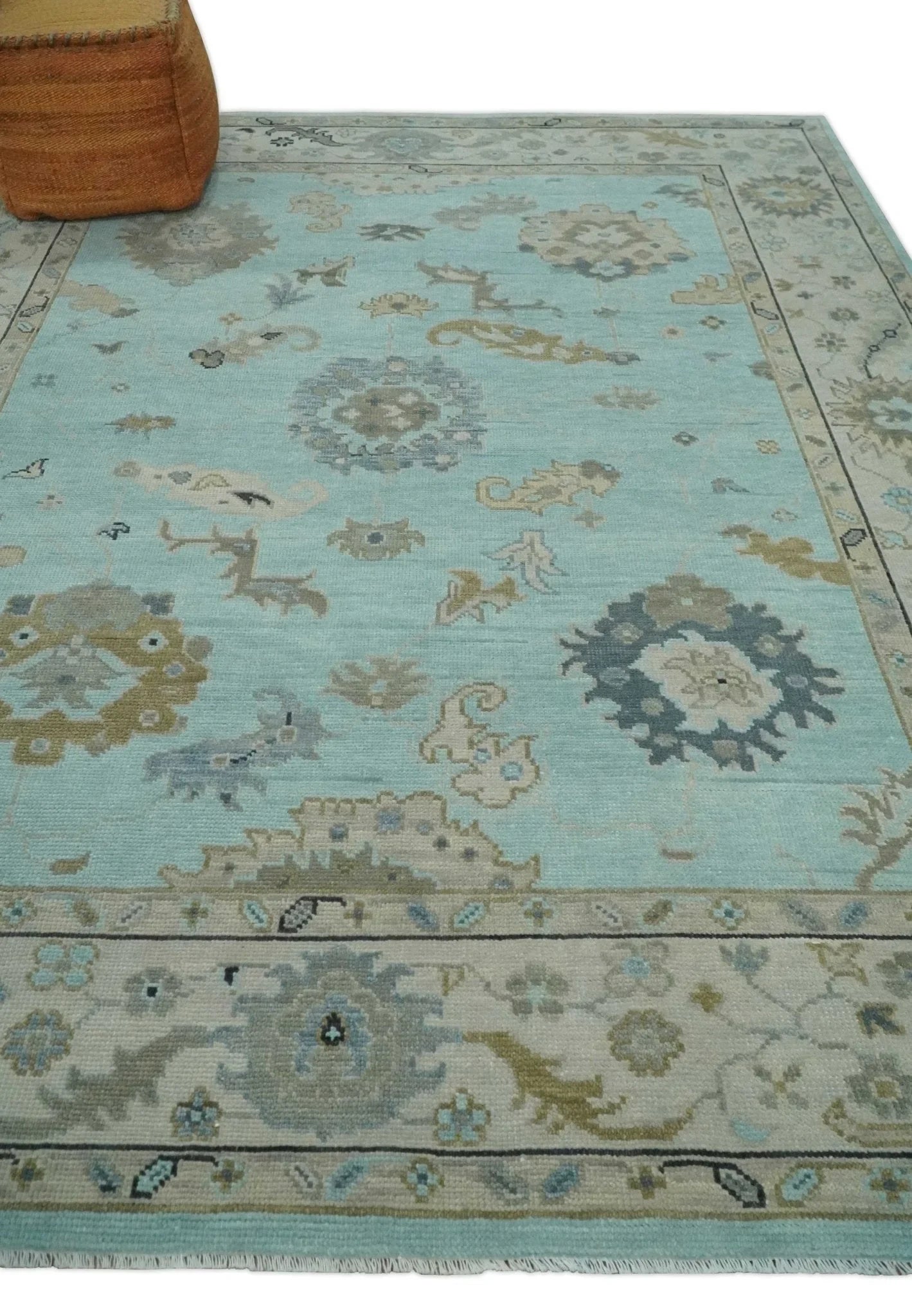8x10, 9x12, 10x14 and 12x15 Hand Knotted aqua, Beige and Ivory Traditional Persian Oushak Wool Rug | NT21 - The Rug Decor