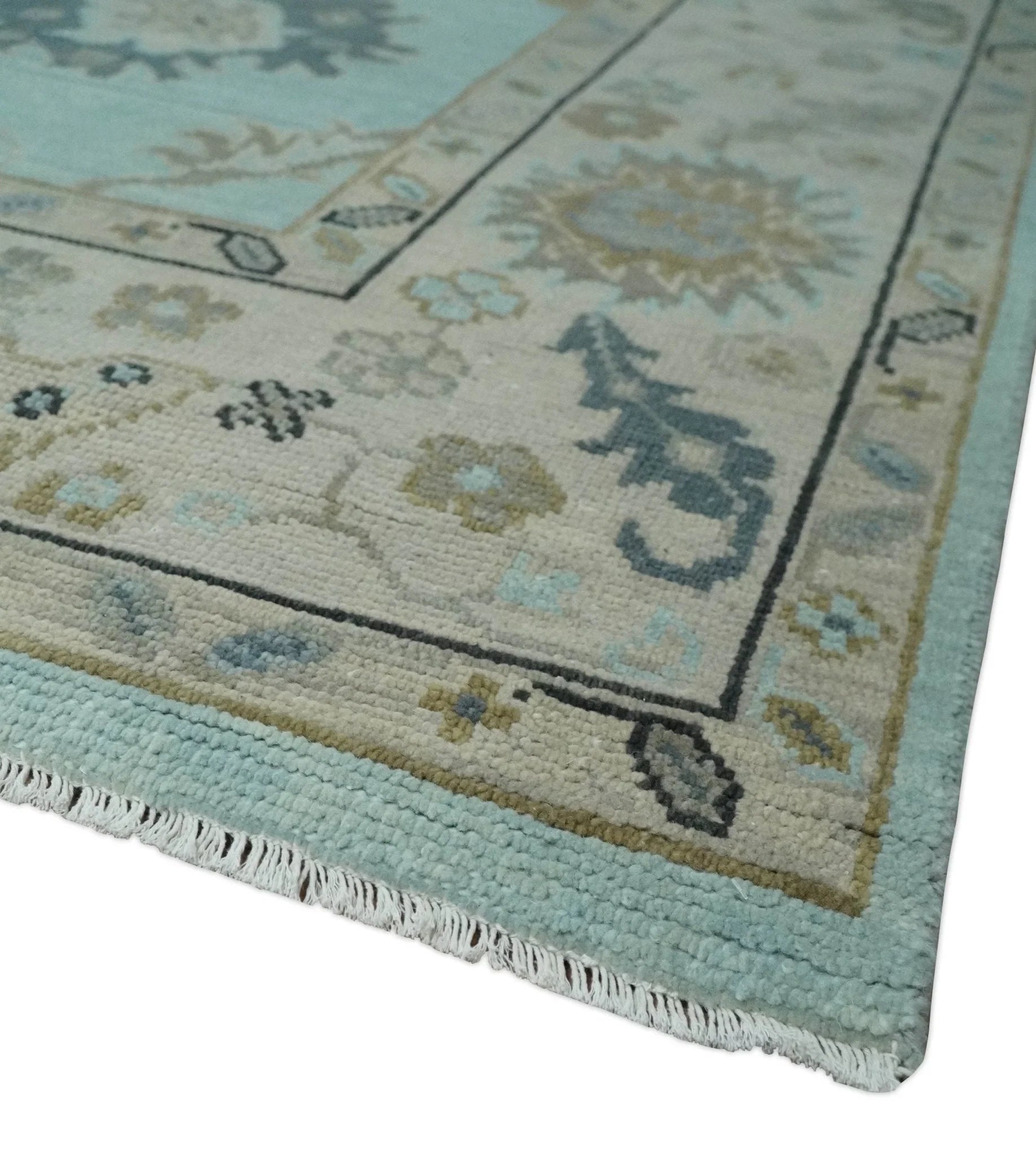 8x10, 9x12, 10x14 and 12x15 Hand Knotted aqua, Beige and Ivory Traditional Persian Oushak Wool Rug | NT21 - The Rug Decor