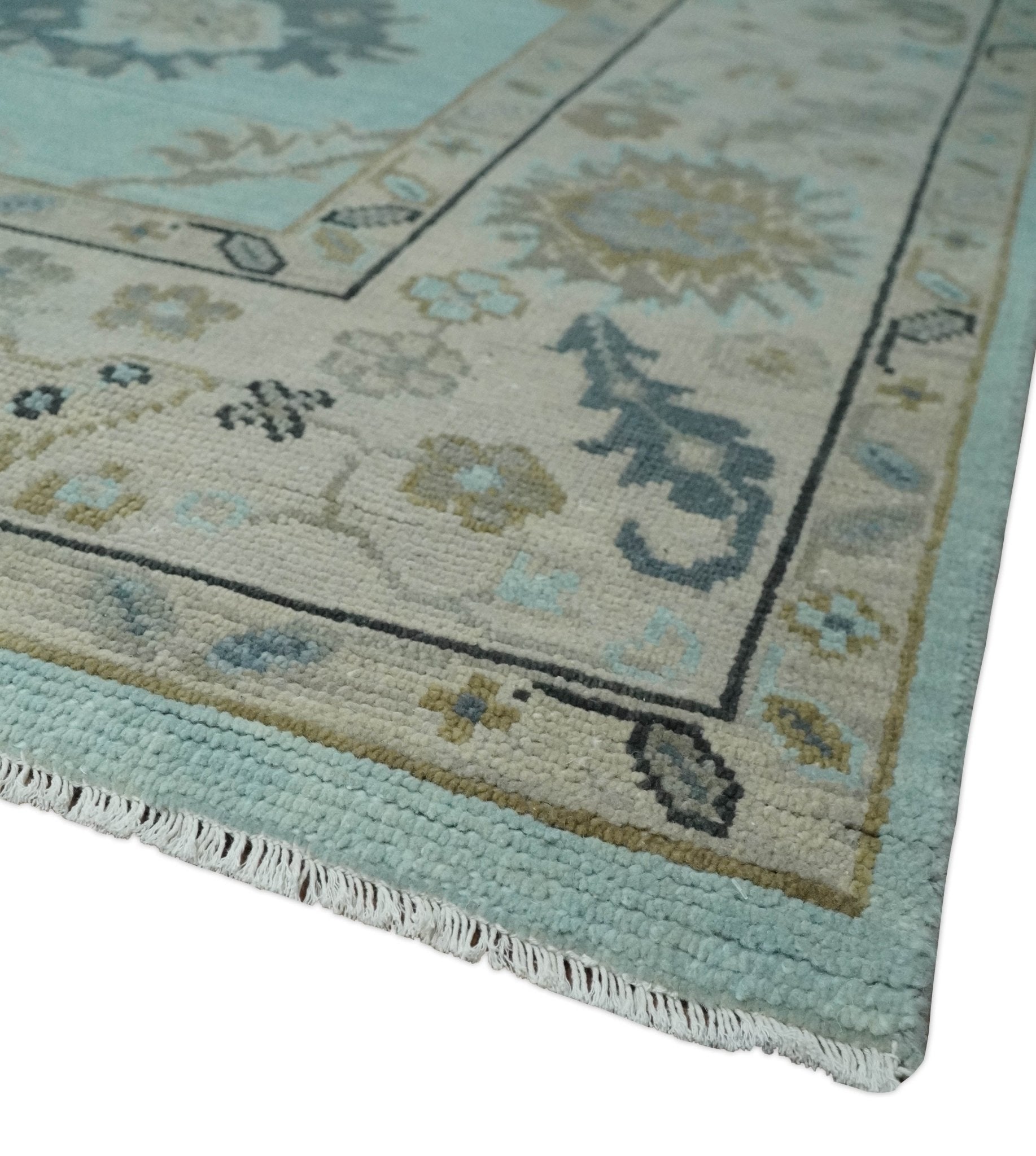 Hand Knotted Beige and Blue Traditional Oushak Design Wool Rug
