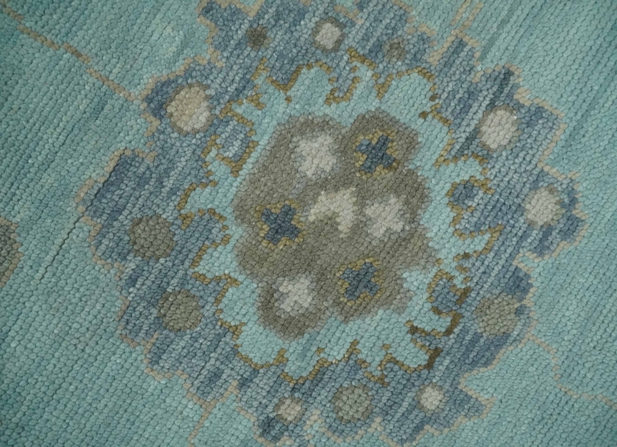 Hand Knotted Beige and Blue Traditional Oushak Design Wool Rug