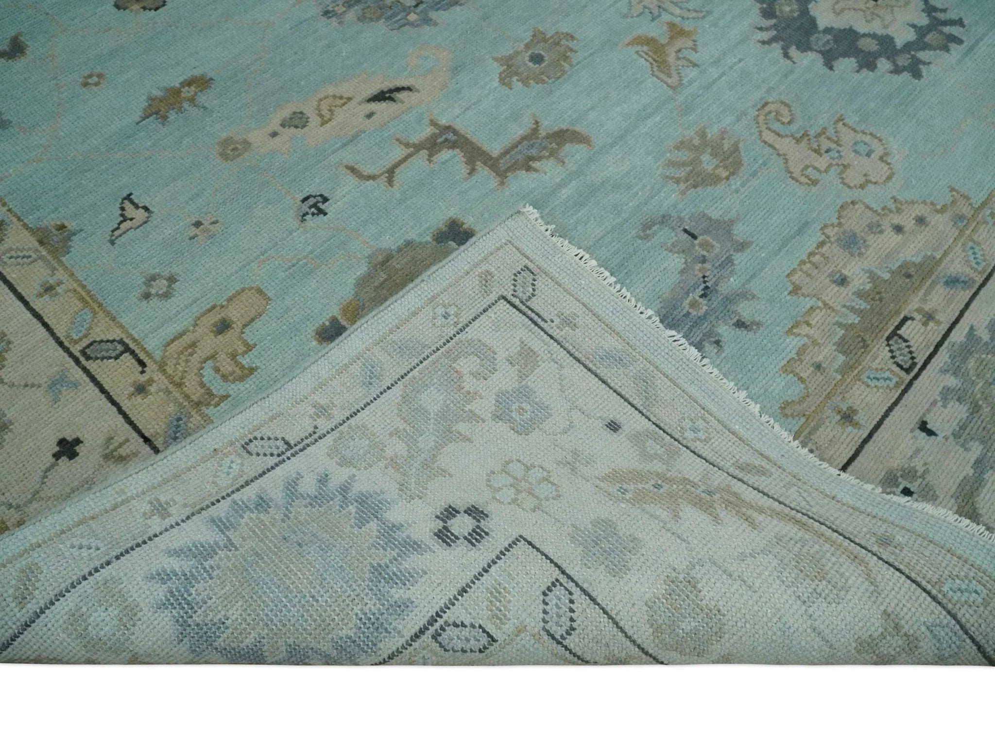 8x10, 9x12, 10x14 and 12x15 Hand Knotted aqua, Beige and Ivory Traditional Persian Oushak Wool Rug | NT21 - The Rug Decor