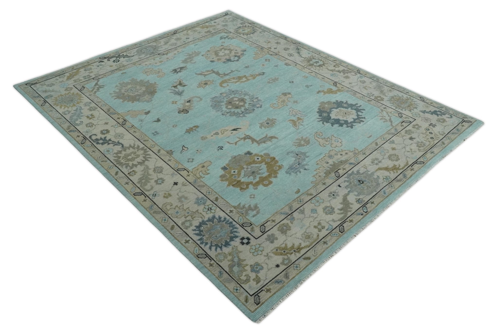 Hand Knotted Beige and Blue Traditional Oushak Design Wool Rug
