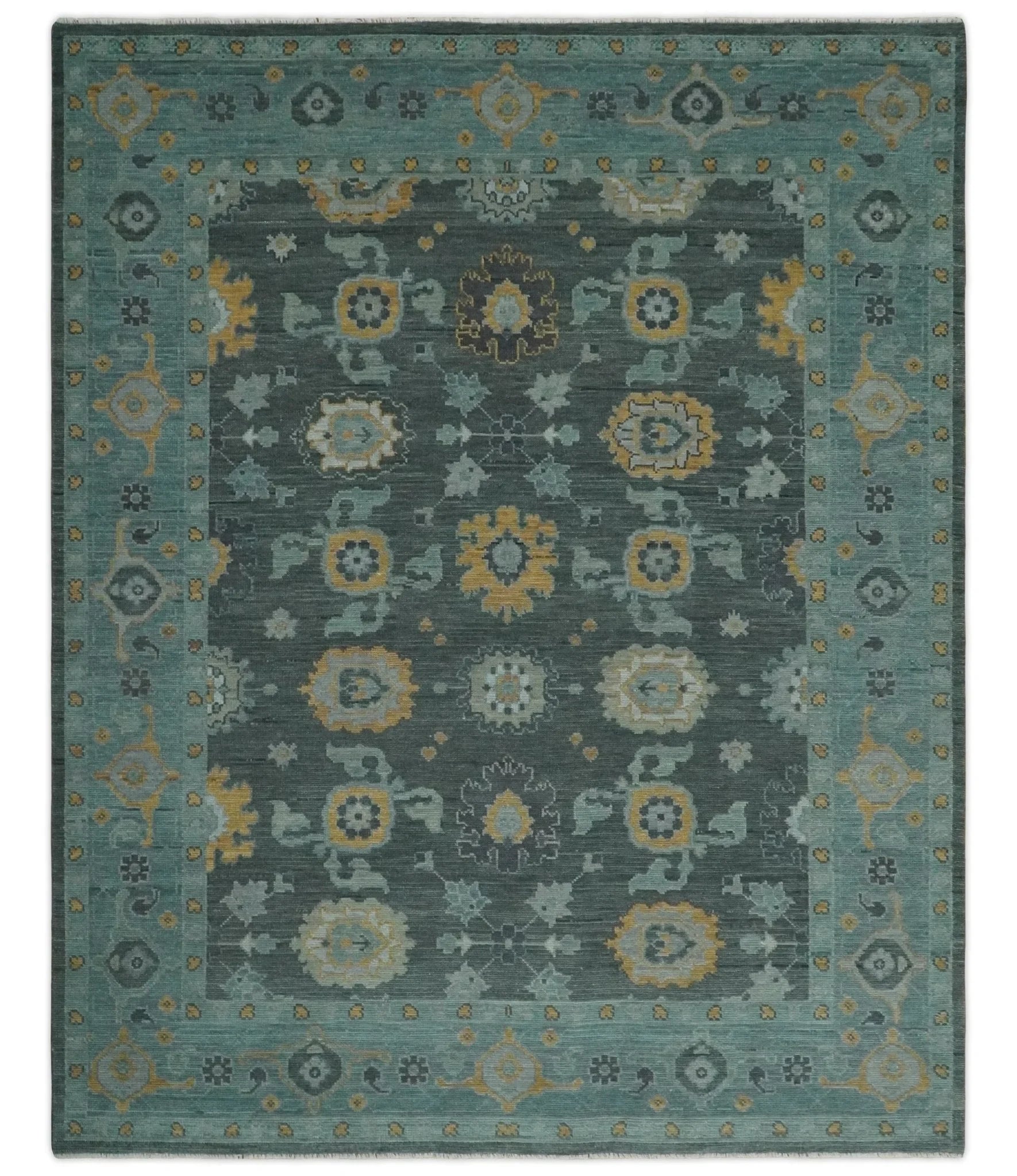 8x10, 9x12, 10x14 and 12x15 Hand Knotted Charcoal and Aqua Traditional Oushak Wool Rug | NT42 - The Rug Decor