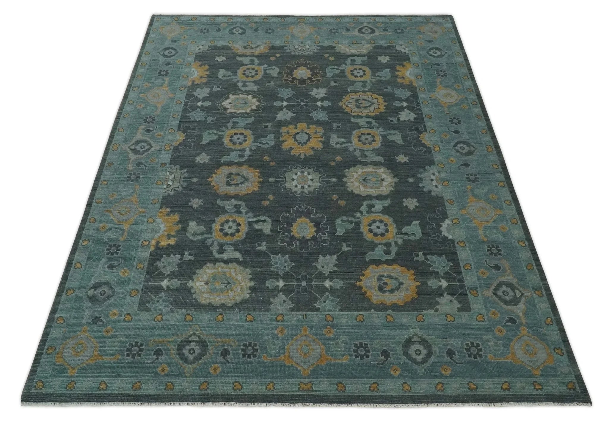 8x10, 9x12, 10x14 and 12x15 Hand Knotted Charcoal and Aqua Traditional Oushak Wool Rug | NT42 - The Rug Decor