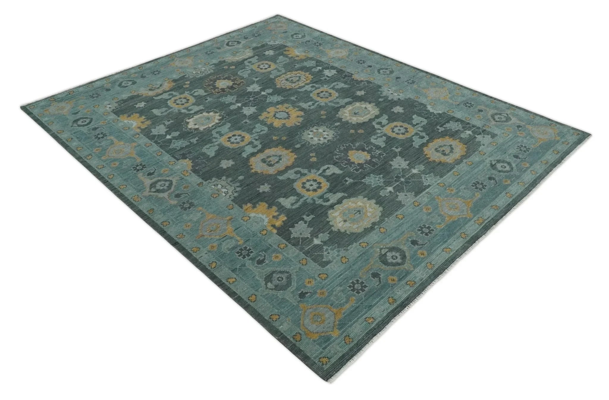 8x10, 9x12, 10x14 and 12x15 Hand Knotted Charcoal and Aqua Traditional Oushak Wool Rug | NT42 - The Rug Decor