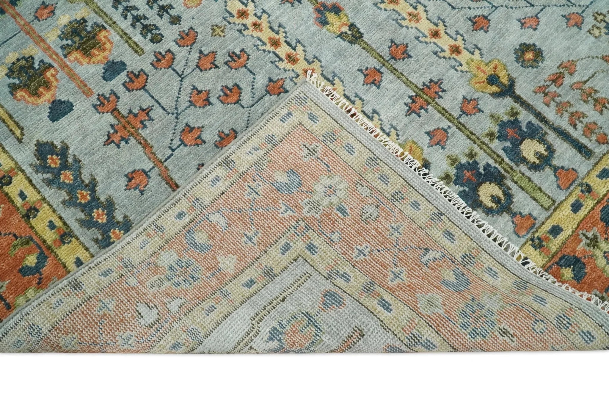 Hand Knotted Rust and Blue Traditional Turkish Vintage Multi Size Wool Rug - The Mayfair Hall