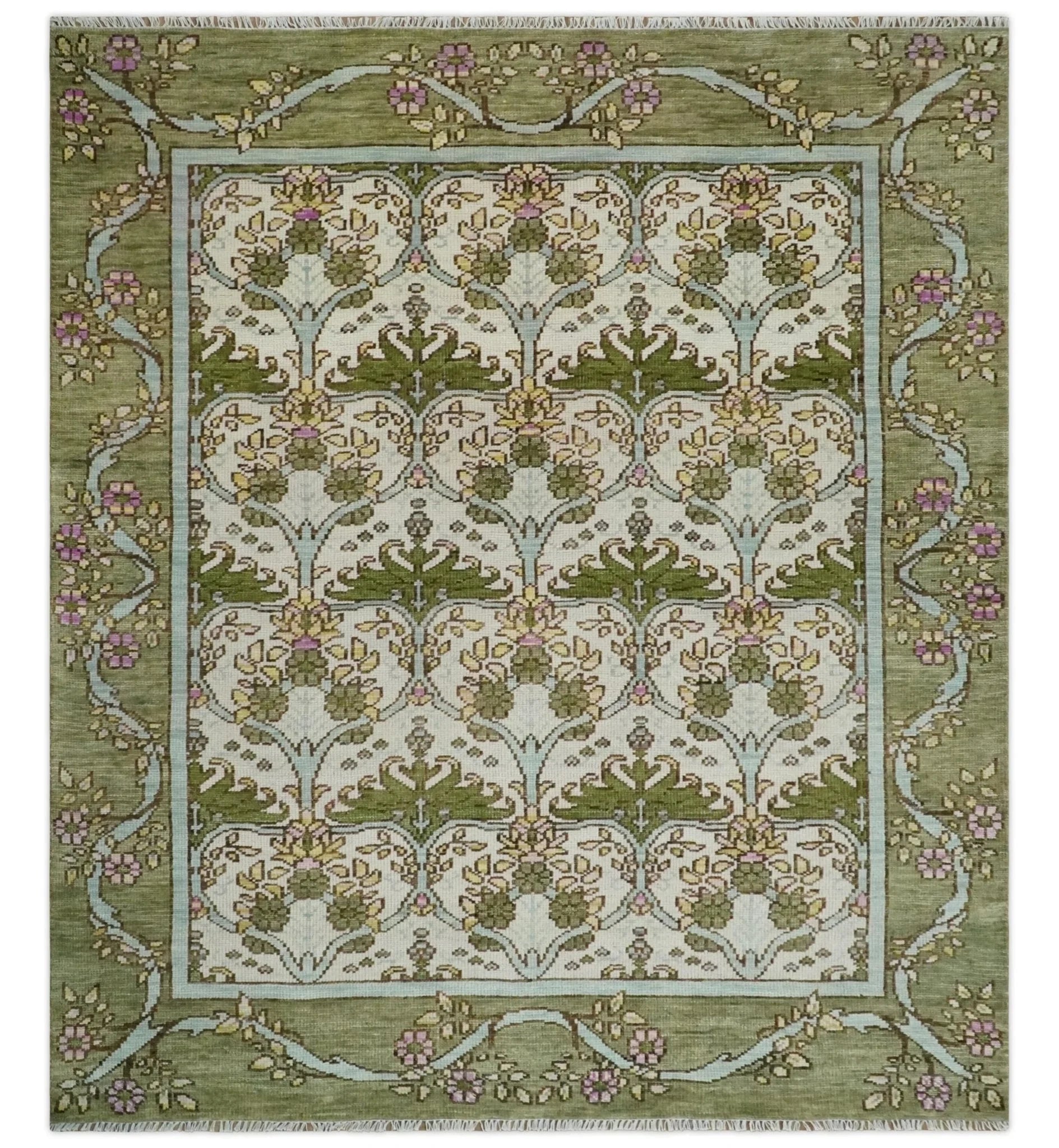 8x10, 9x12 Hand Knotted Ivory and Green Floral Traditional Antique Style Wool Area Rug - The Rug Decor
