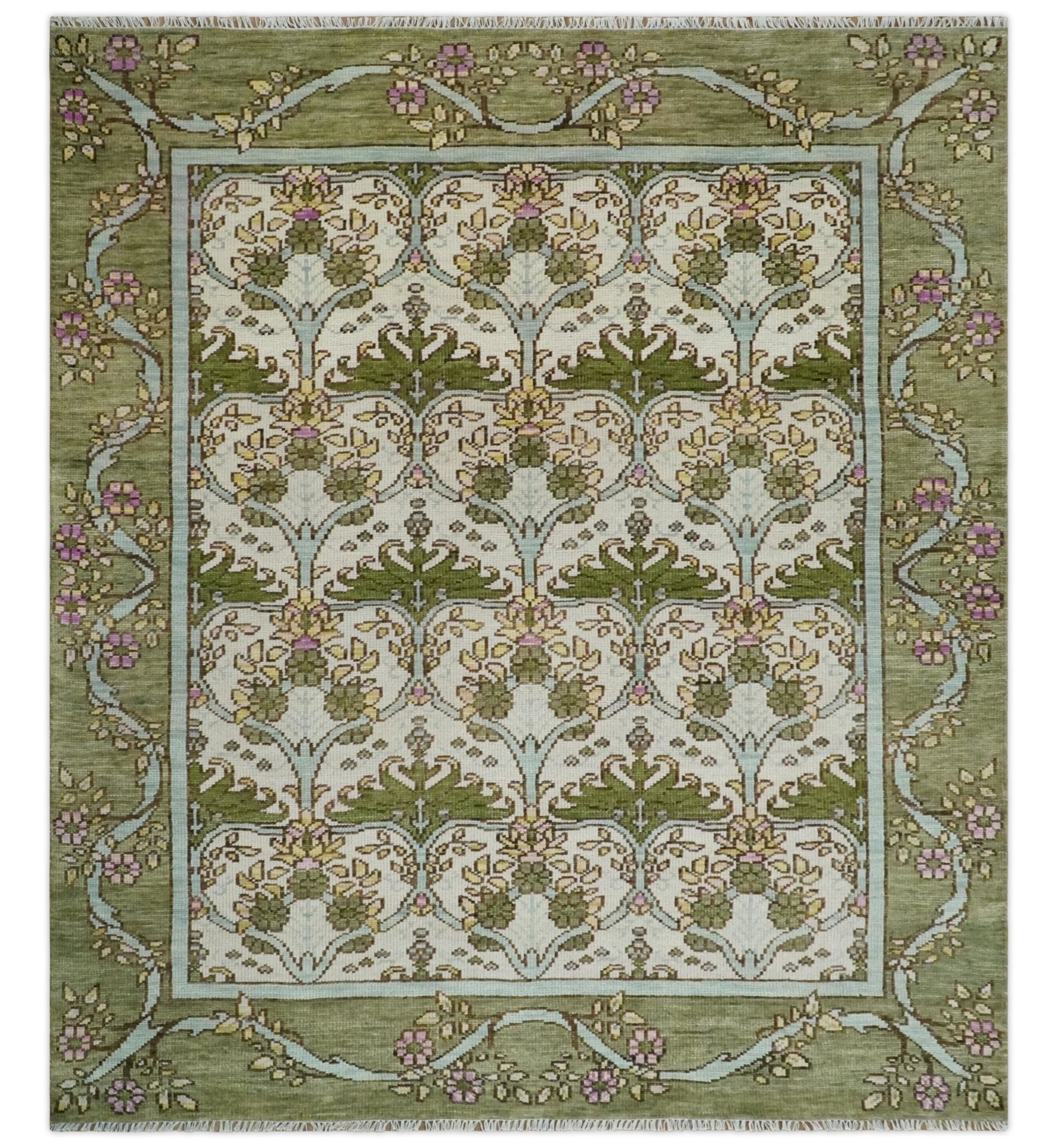 Custom Made Hand Knotted Ivory and Green Floral Traditional Style Wool Area Rug
