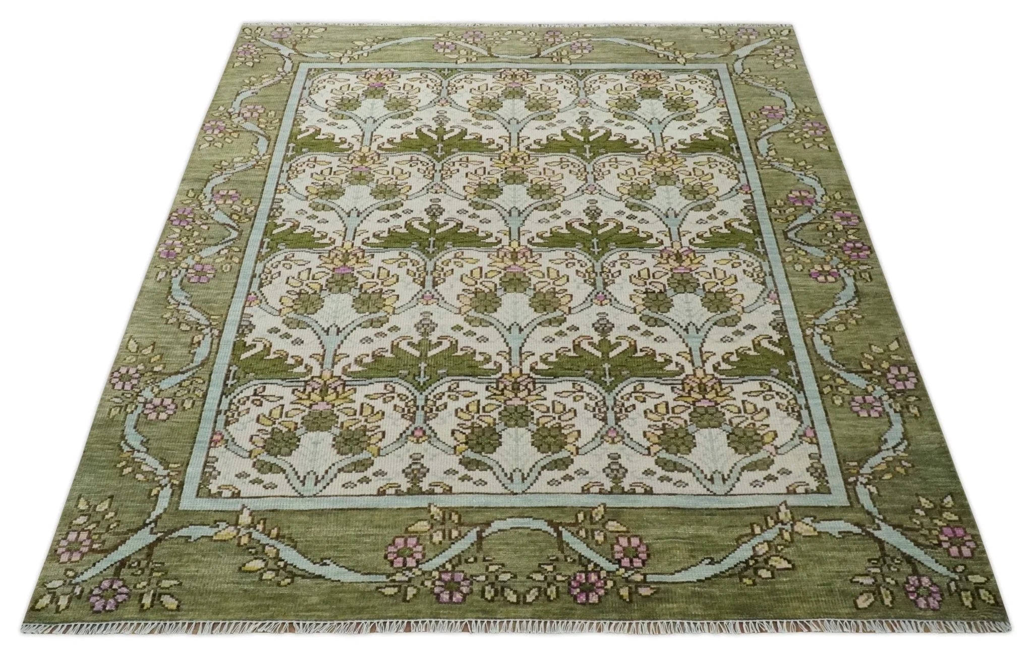 8x10, 9x12 Hand Knotted Ivory and Green Floral Traditional Antique Style Wool Area Rug - The Rug Decor