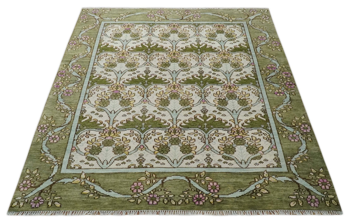 Custom Made Hand Knotted Ivory and Green Floral Traditional Style Wool Area Rug
