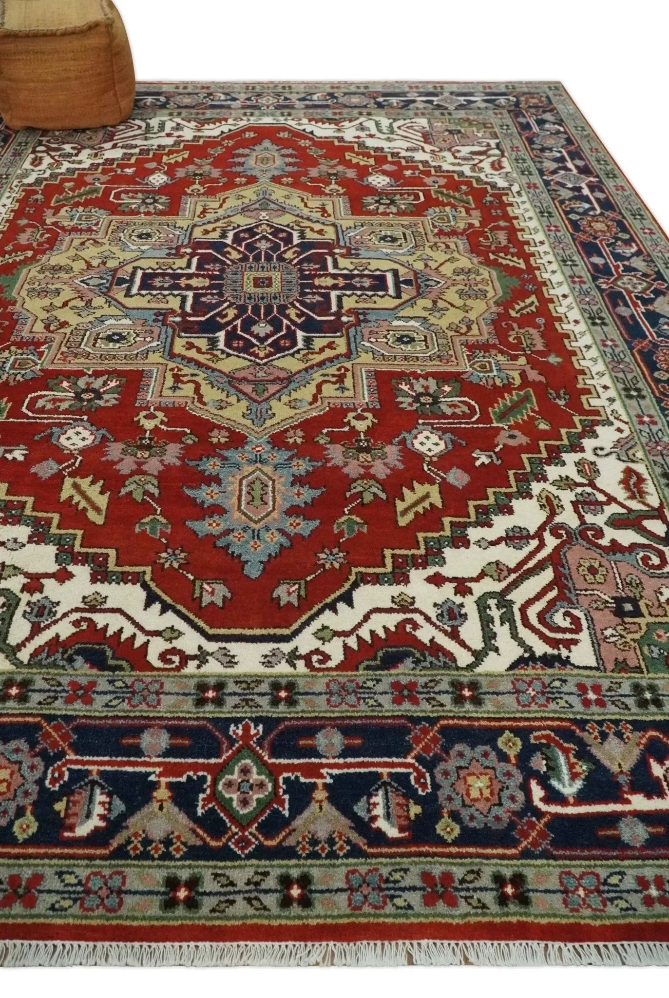 8x10 and 9x12 Hand Knotted Brown, Mustard, Ivory and Blue Traditional Wool Area Rug - The Mayfair Hall
