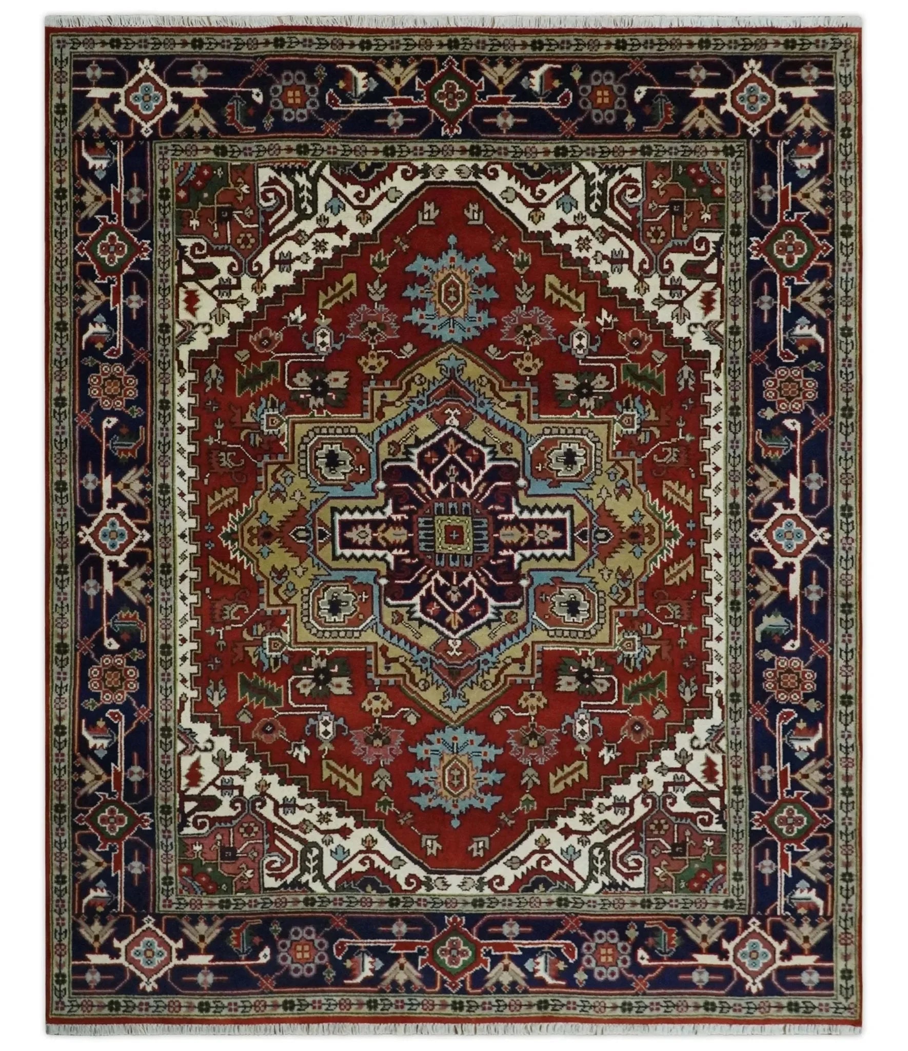 8x10 and 9x12 Hand Knotted Brown, Mustard, Ivory and Blue Traditional Wool Area Rug - The Mayfair Hall