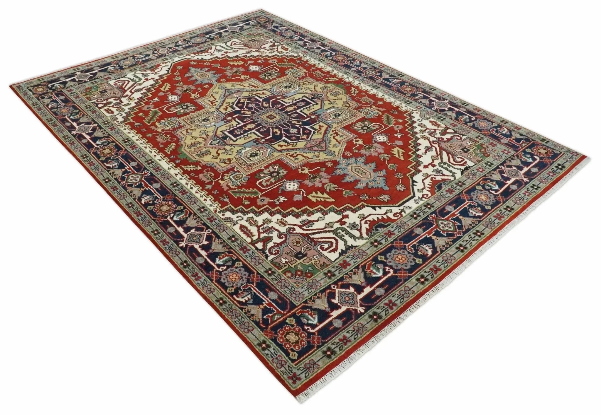 8x10 and 9x12 Hand Knotted Brown, Mustard, Ivory and Blue Traditional Wool Area Rug - The Mayfair Hall
