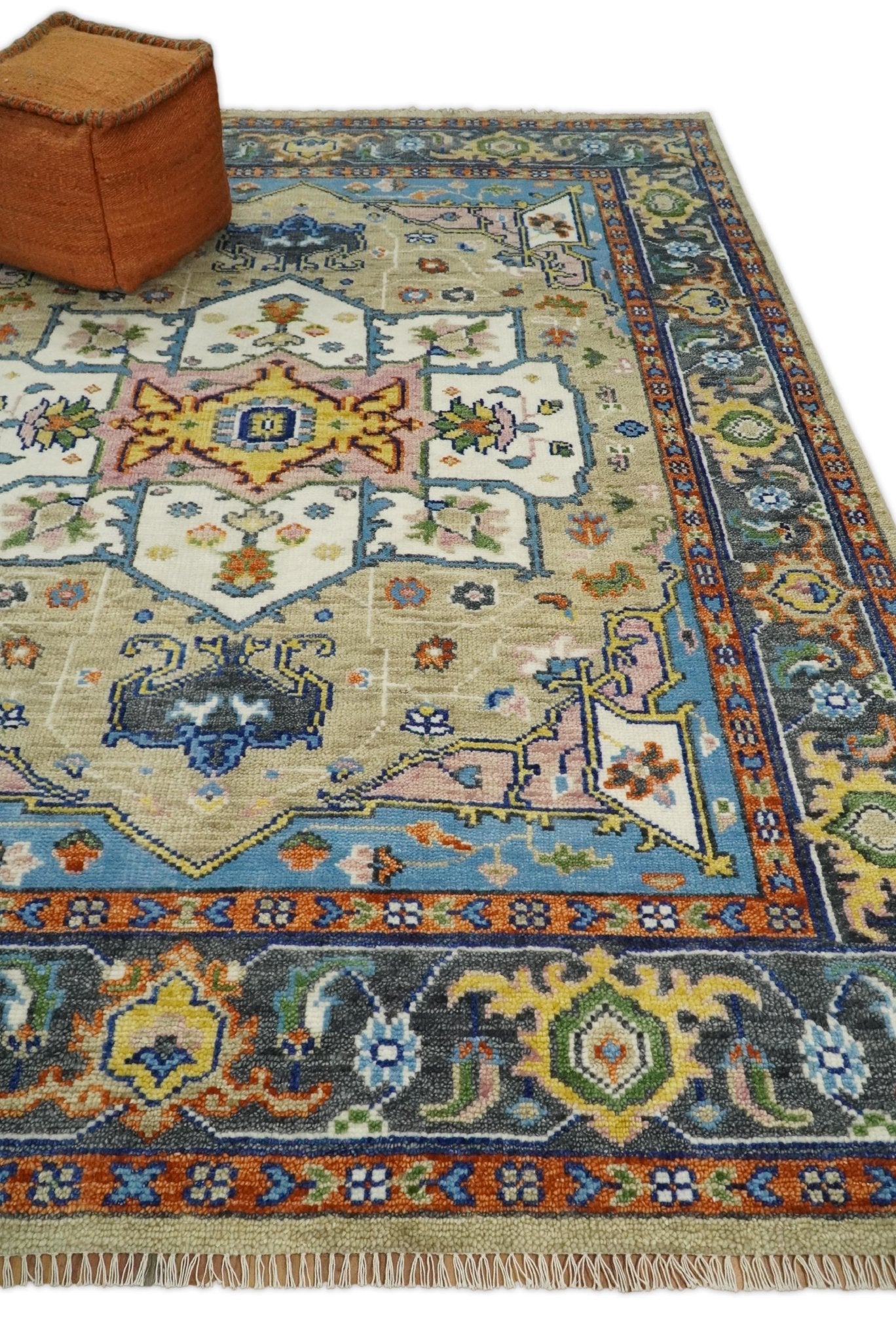 8x10 Blue, Camel and Ivory Hand Knotted Wool Antique Vintage Persian Area Rug | TRDCP677 - The Rug Decor