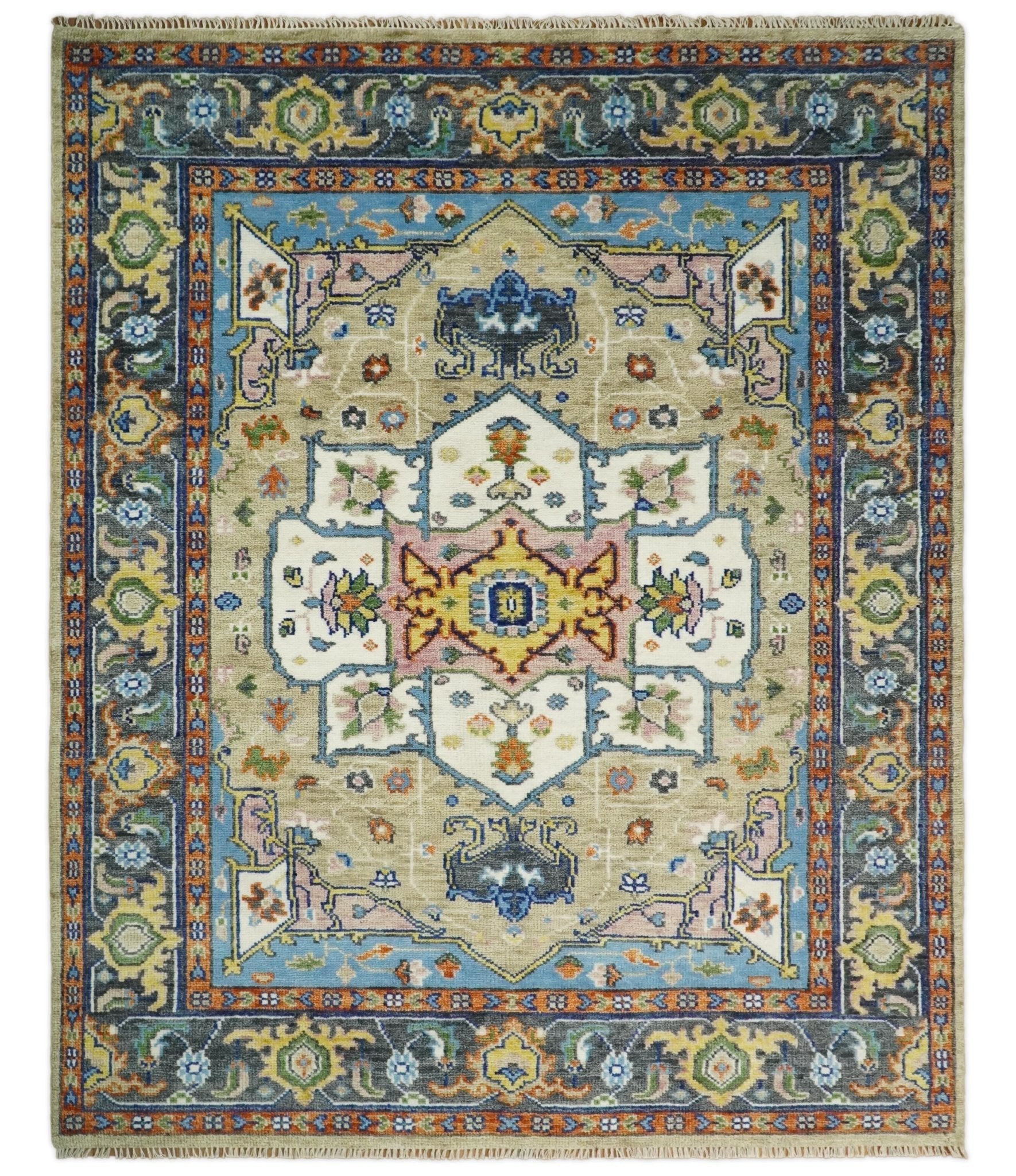 8x10 Blue, Camel and Ivory Hand Knotted Wool Antique Vintage Persian Area Rug | TRDCP677 - The Rug Decor