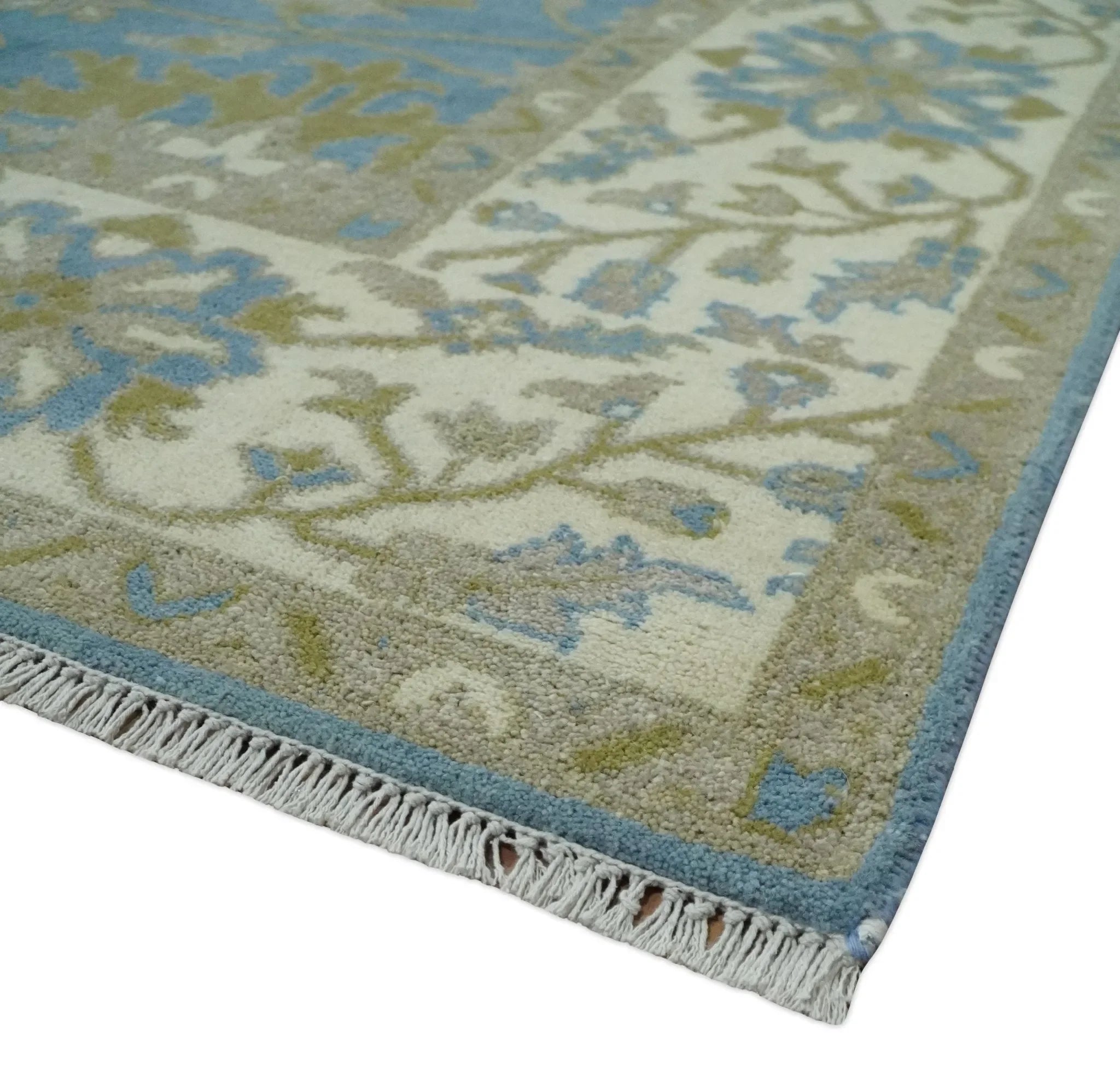 8x10 Blue, Ivory and Olive Hand Knotted Heriz Serapi Floral Area Rug | TRDCP1181810 - The Mayfair Hall