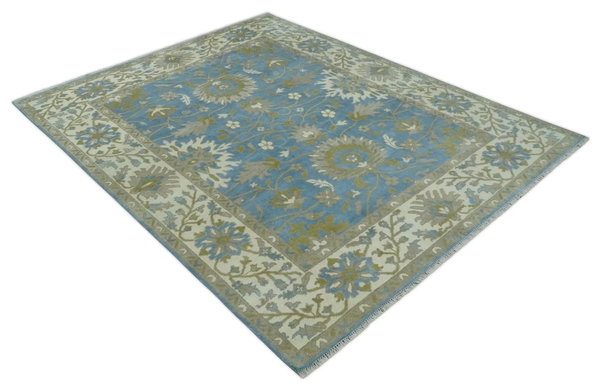 8x10 Blue, Ivory and Olive Hand Knotted Heriz Serapi Floral Area Rug | TRDCP1181810 - The Mayfair Hall