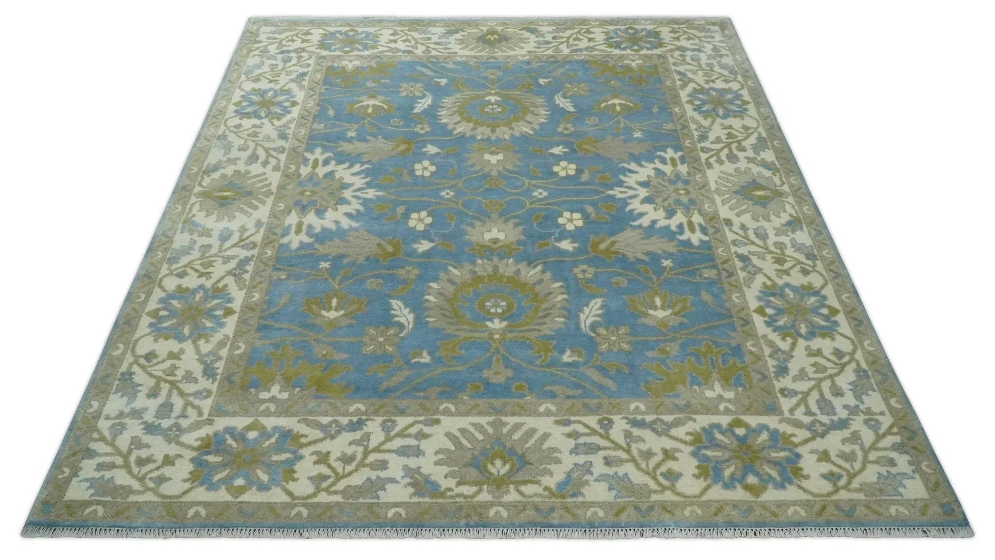 8x10 Blue, Ivory and Olive Hand Knotted Heriz Serapi Floral Area Rug | TRDCP1181810 - The Mayfair Hall