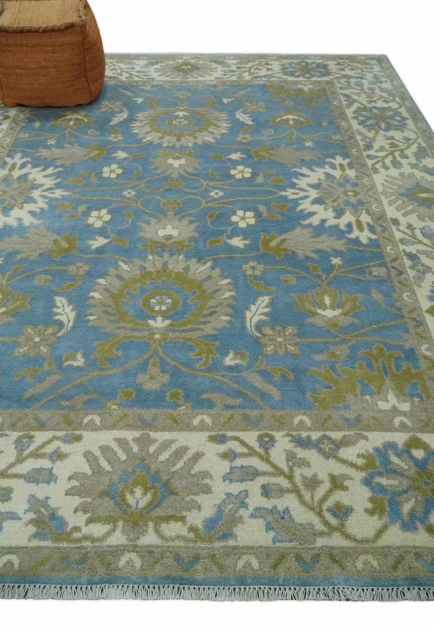 8x10 Blue, Ivory and Olive Hand Knotted Heriz Serapi Floral Area Rug | TRDCP1181810 - The Mayfair Hall