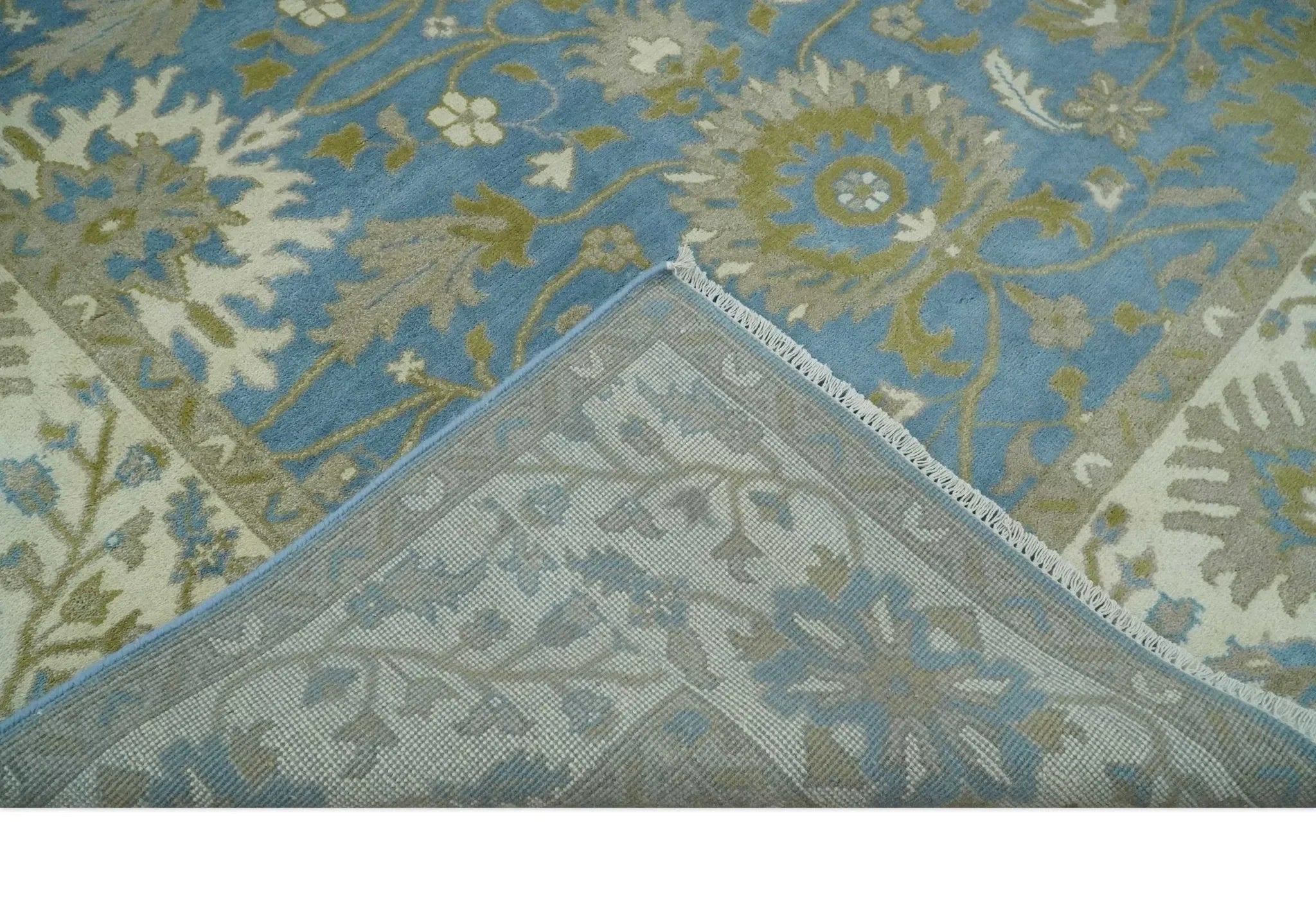 8x10 Blue, Ivory and Olive Hand Knotted Heriz Serapi Floral Area Rug | TRDCP1181810 - The Mayfair Hall