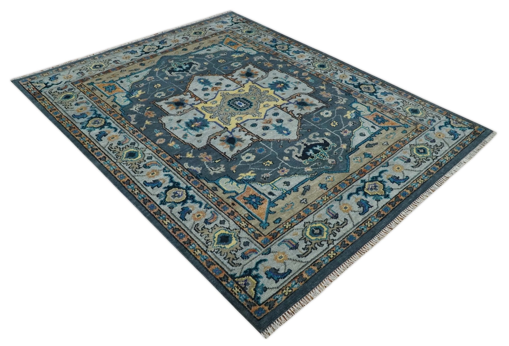 8x10 Blue, Silver and Beige Hand Knotted Traditional Heriz Serapi Wool Area Rug
