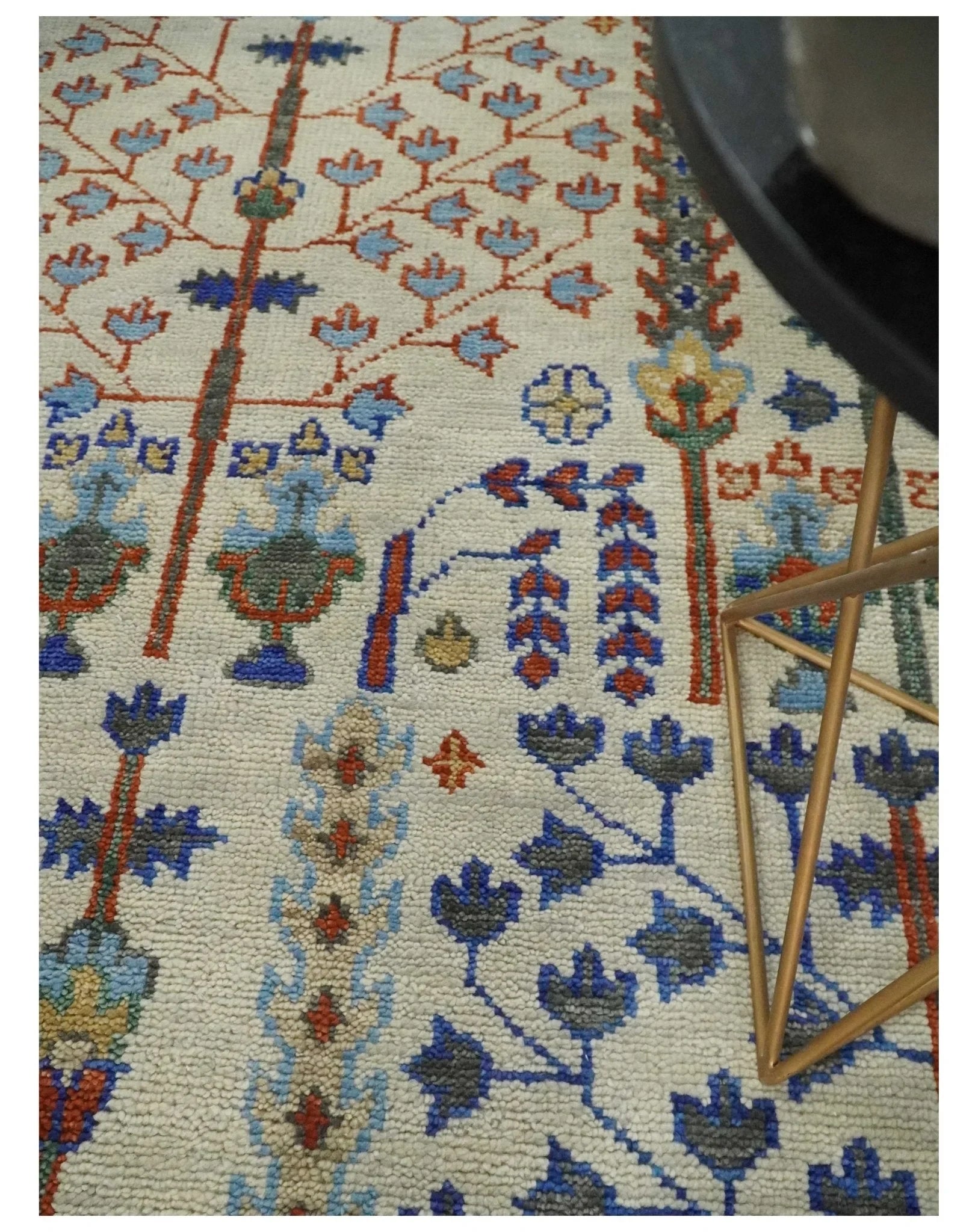 8x10 Hand Knotted Antique Ivory, Blue and Gray Traditional Persian Vintage Oushak Wool Rug | TRDCP712 - The Rug Decor