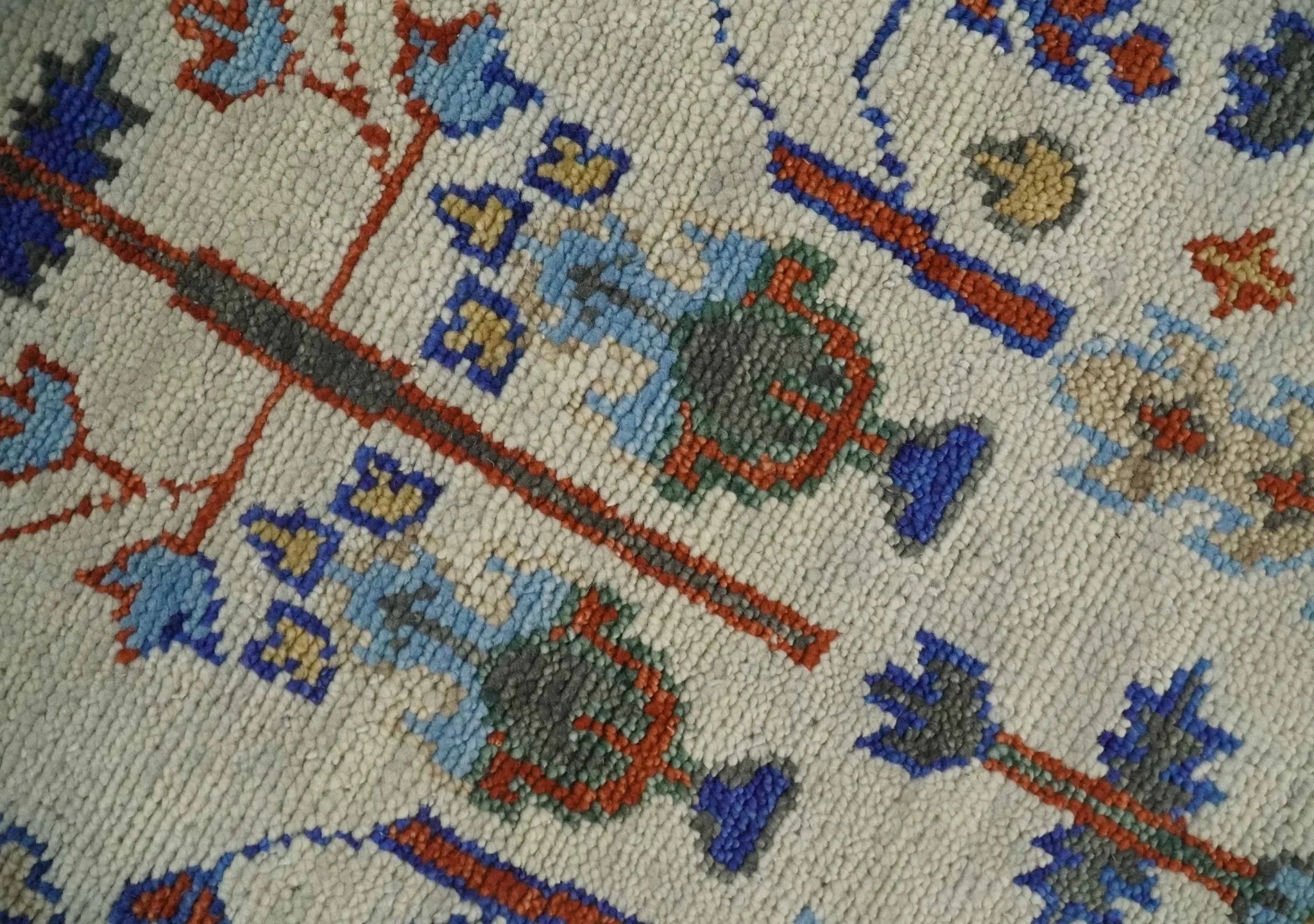 8x10 Hand Knotted Antique Ivory, Blue and Gray Traditional Persian Vintage Oushak Wool Rug | TRDCP712 - The Rug Decor