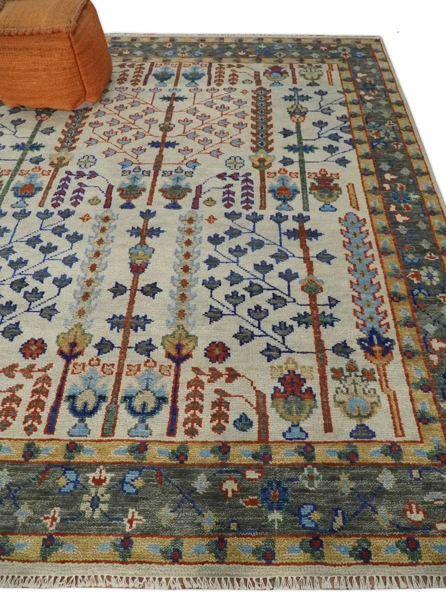 8x10 Hand Knotted Antique Ivory, Blue and Gray Traditional Persian Vintage Oushak Wool Rug | TRDCP712 - The Rug Decor