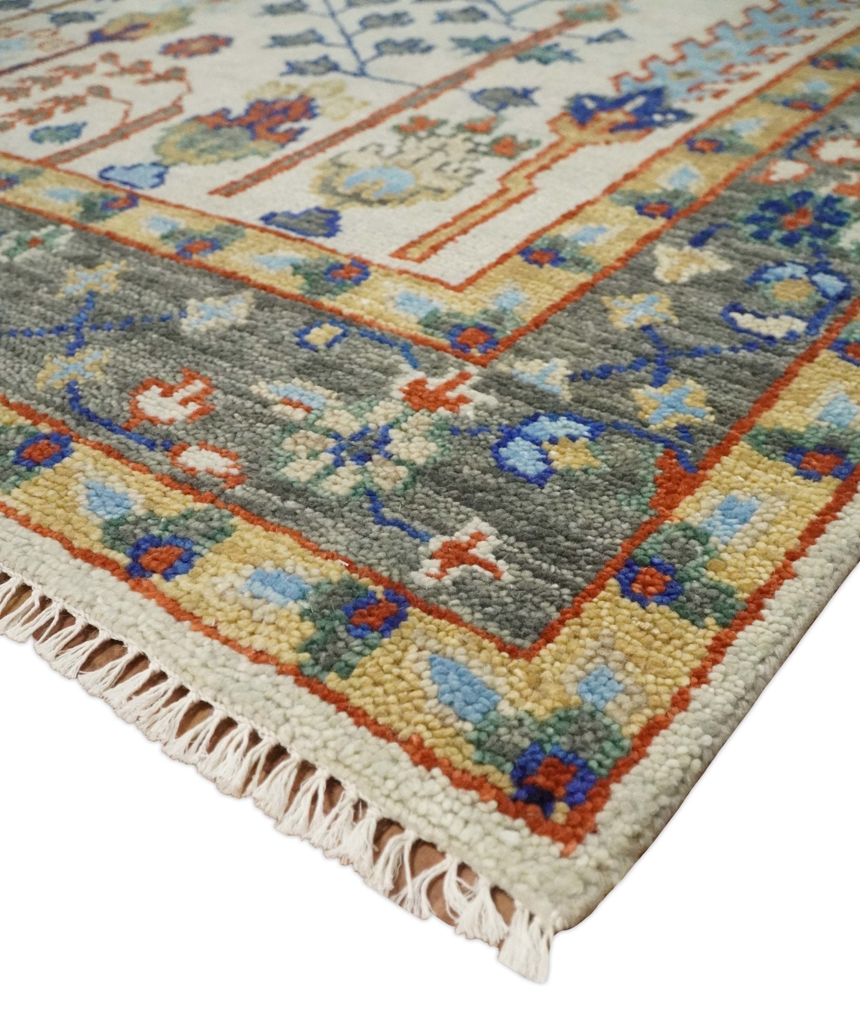 8x10 Hand Knotted Antique Ivory, Blue and Gray Traditional Persian Vintage Oushak Wool Rug | TRDCP712 - The Rug Decor
