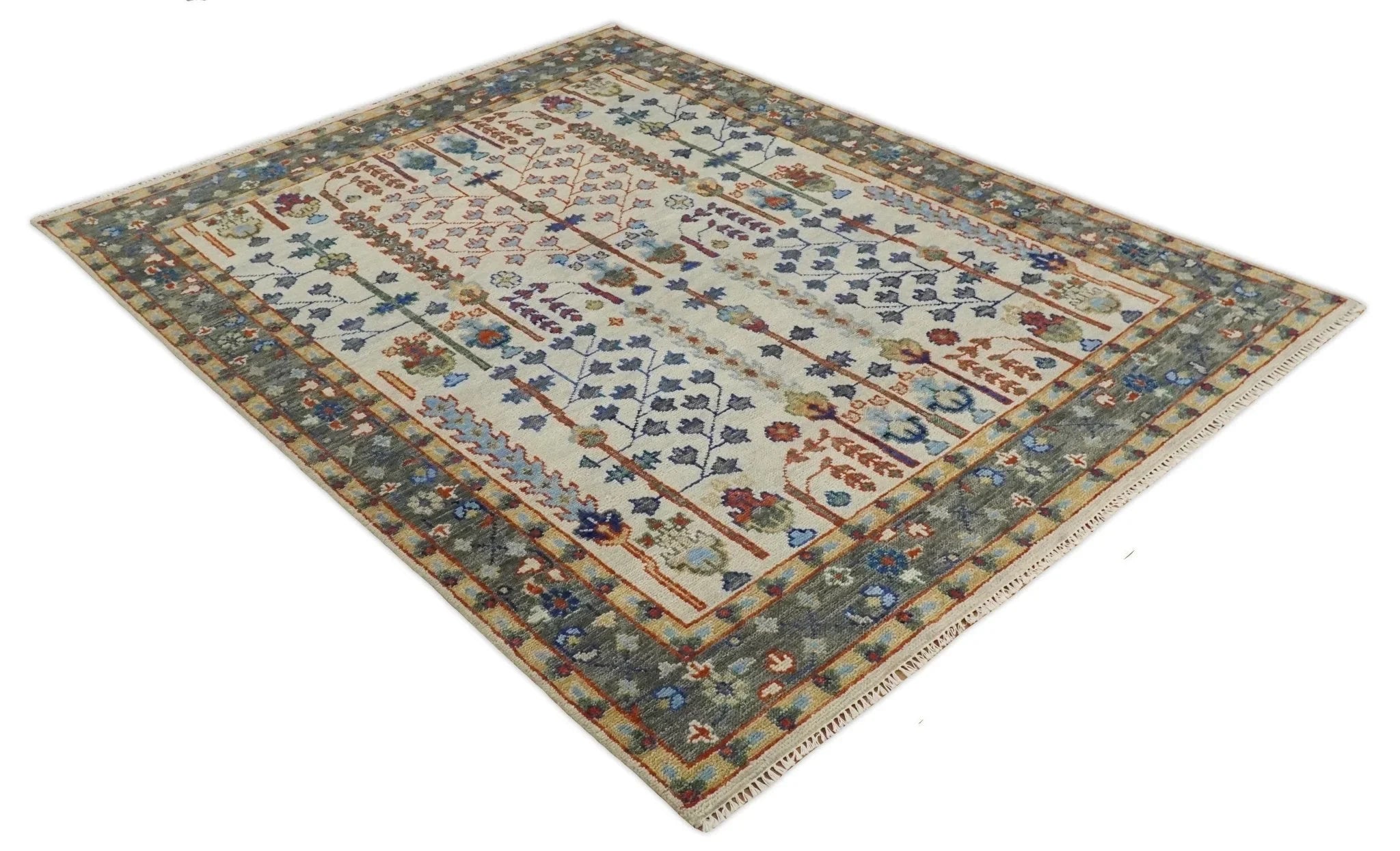 8x10 Hand Knotted Antique Ivory, Blue and Gray Traditional Persian Vintage Oushak Wool Rug | TRDCP712 - The Rug Decor